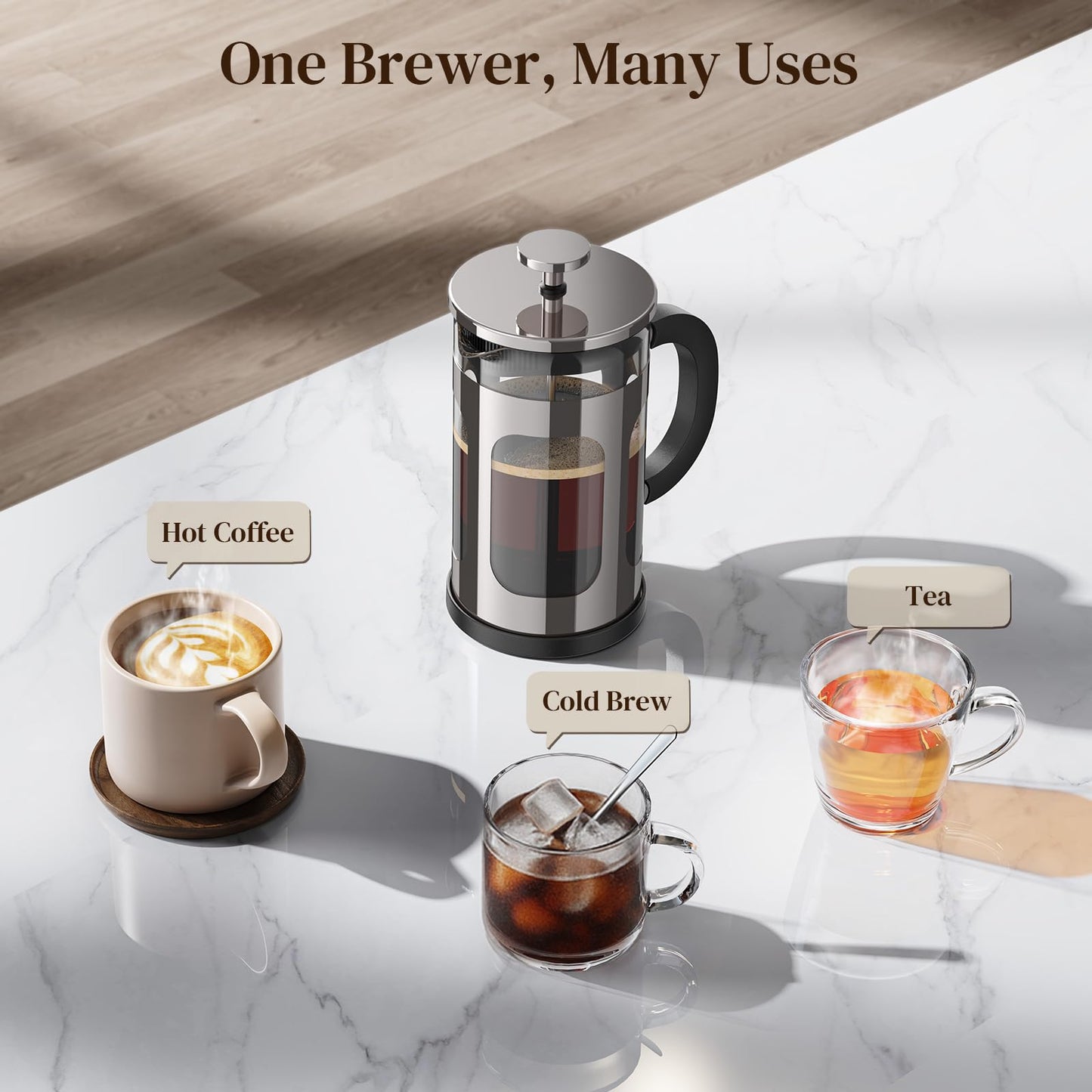 Veken French Press Coffee Maker 21oz 0.6 L, Single Serve Small Pot, Heat Resistant Thickened Borosilicate Glass,Stainless Steel Brewer,Cold Brew Cafetera Teapot for Kitchen Travel Camping, Dark Pewter