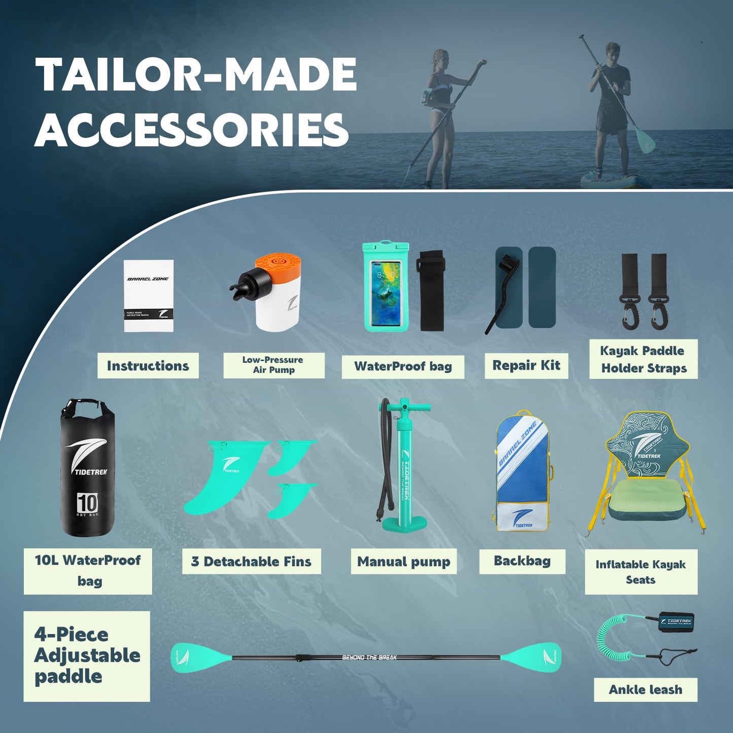 TIDETREK 11'/11'6" x 33"/34" x 6" Inflatable SUP Paddle Board – Extra-Wide, Stable Stand Up Paddle Board with Premium Full Accessory Set for Adults & Youth (Ocean Spirit/Kayak Seat, 11'x33 x6)