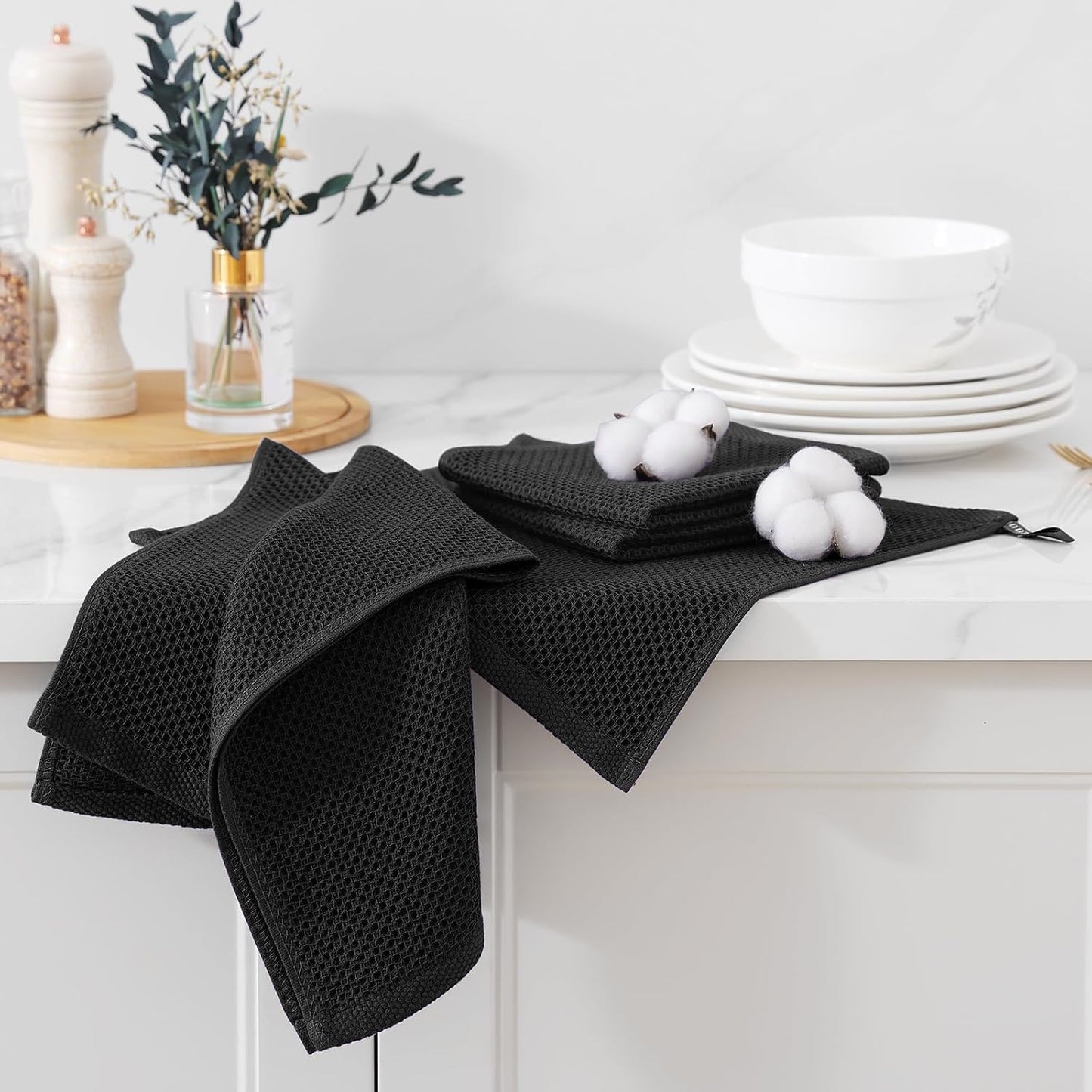 Kitinjoy 100% Cotton Kitchen Towels and Dishcloths Set, 8 Pack-13" x 28" and 12" x 12" Waffle Weave Dish Towels, Ultra Soft Absorbent Quick Drying Dish Rags, Black