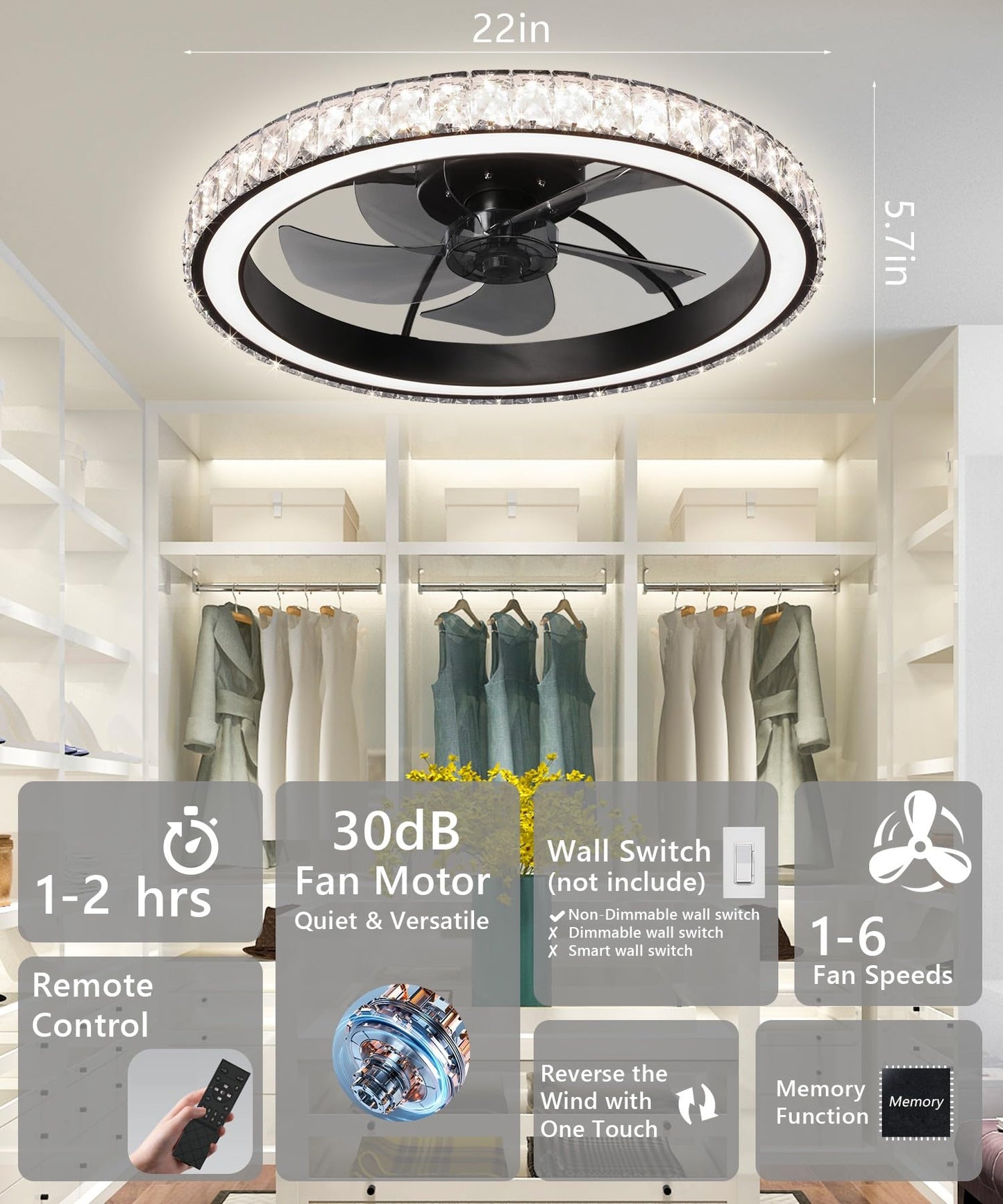 Aipsun Low Profile Modern Crystal Chandelier Ceiling Fans with Lights and Remote, 3000K-6500K Smart Bladeless LED Fan Light, 22" Black Modern Ceiling Fans with Lights for Bedroom