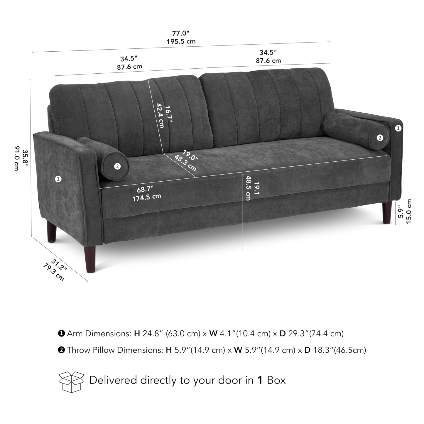 Bush Home 77-inch Sofa, Living Room Furniture, Max Collection, Iron Gray Chenille Fabric