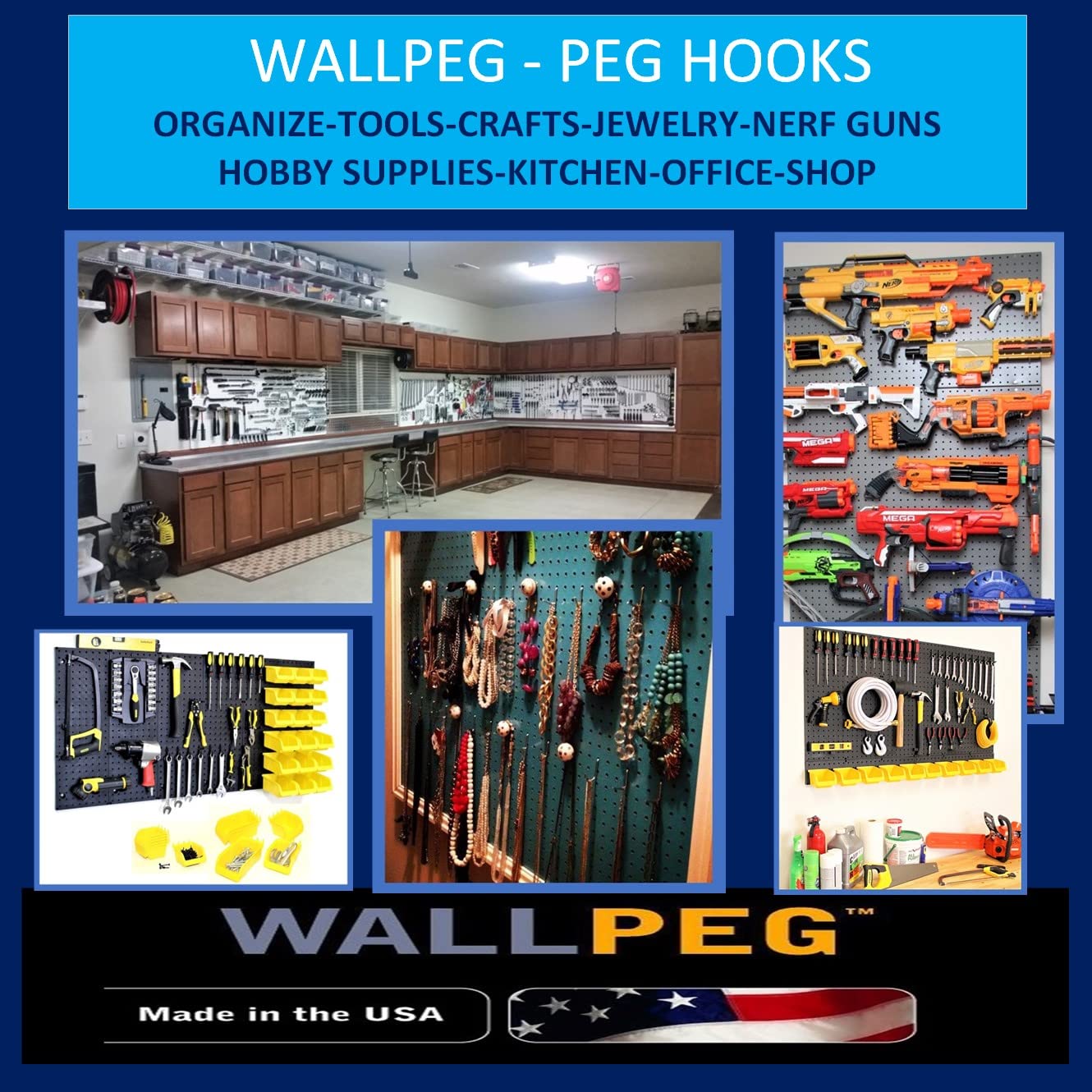 WallPeg Pegboard Kit - 4 Each 24"x16" Peg Board Panels - Made in USA - Mounted Size is 64" x 24" Pegboards Wall Organizer for Walls Home, Garage Tool Storage, Office Organization, Kitchen, Craft Room