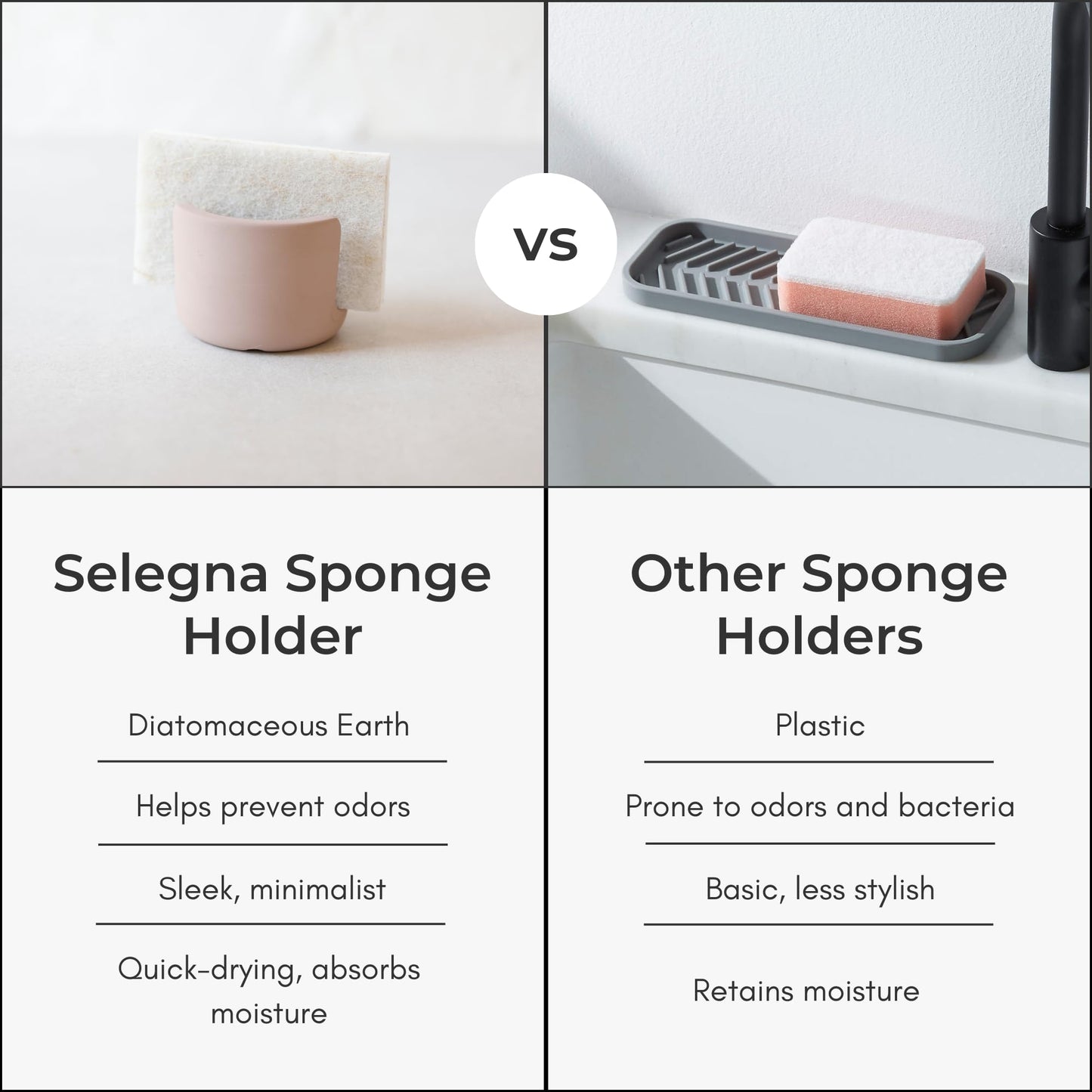 Selegna Diatomaceous Earth Sponge Holder - Drying Rack, Absorbent Stone Kitchen Sink Organizer, Beige (Small)