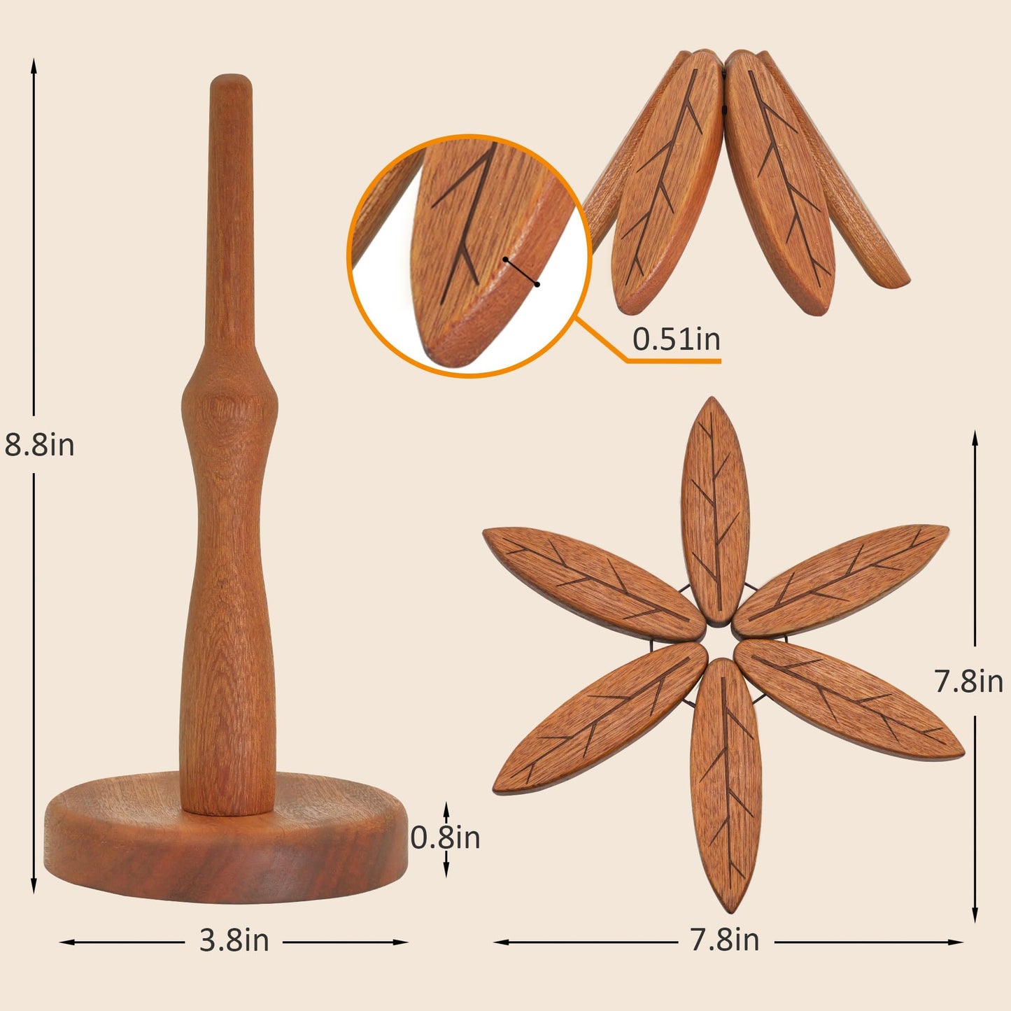 Wooden Trivets for Hot Dishes, Wooden Tree Trivet Set, Tree Coasters - of 5 + 1 Stand stored, Suited for Hots, Pans, Bowl, Teapot, Hot Holders - Multifunctional Ornaments