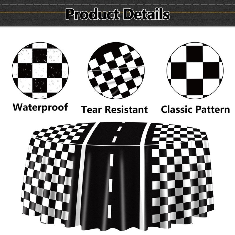 PIXHOTUL Racing Car Tablecloths for Round Table, Plastic Black Racetrack Tablecover for Kid's Birthday Racing Car Theme Party Fast One Two Fast Party, 84 x 84in