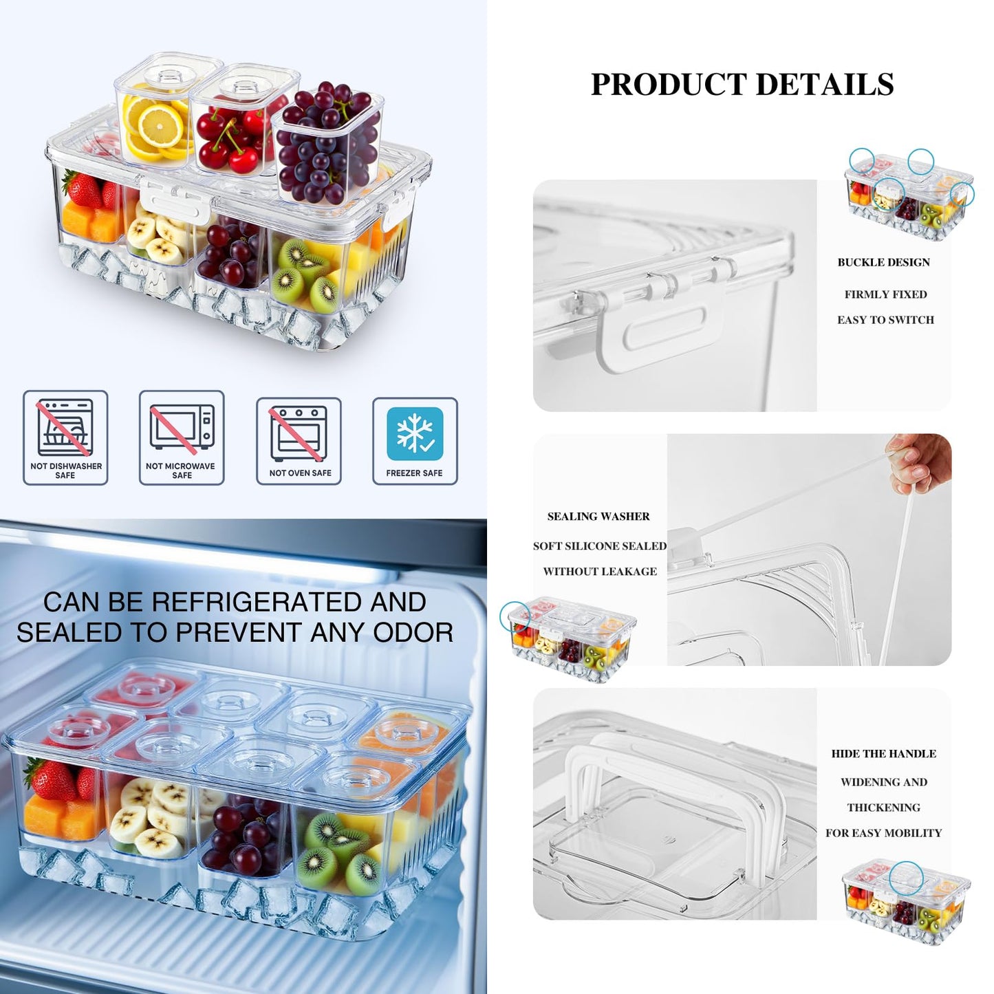 FZBJS Chilled Snackle Box Container with Ice Tray - 8 Compartment Serving Tray with Lid & Handle, Leak-Proof & Odor-Free Snack Box, Portable Cold Food Platter for Picnic, Party, Travel, Road Trip