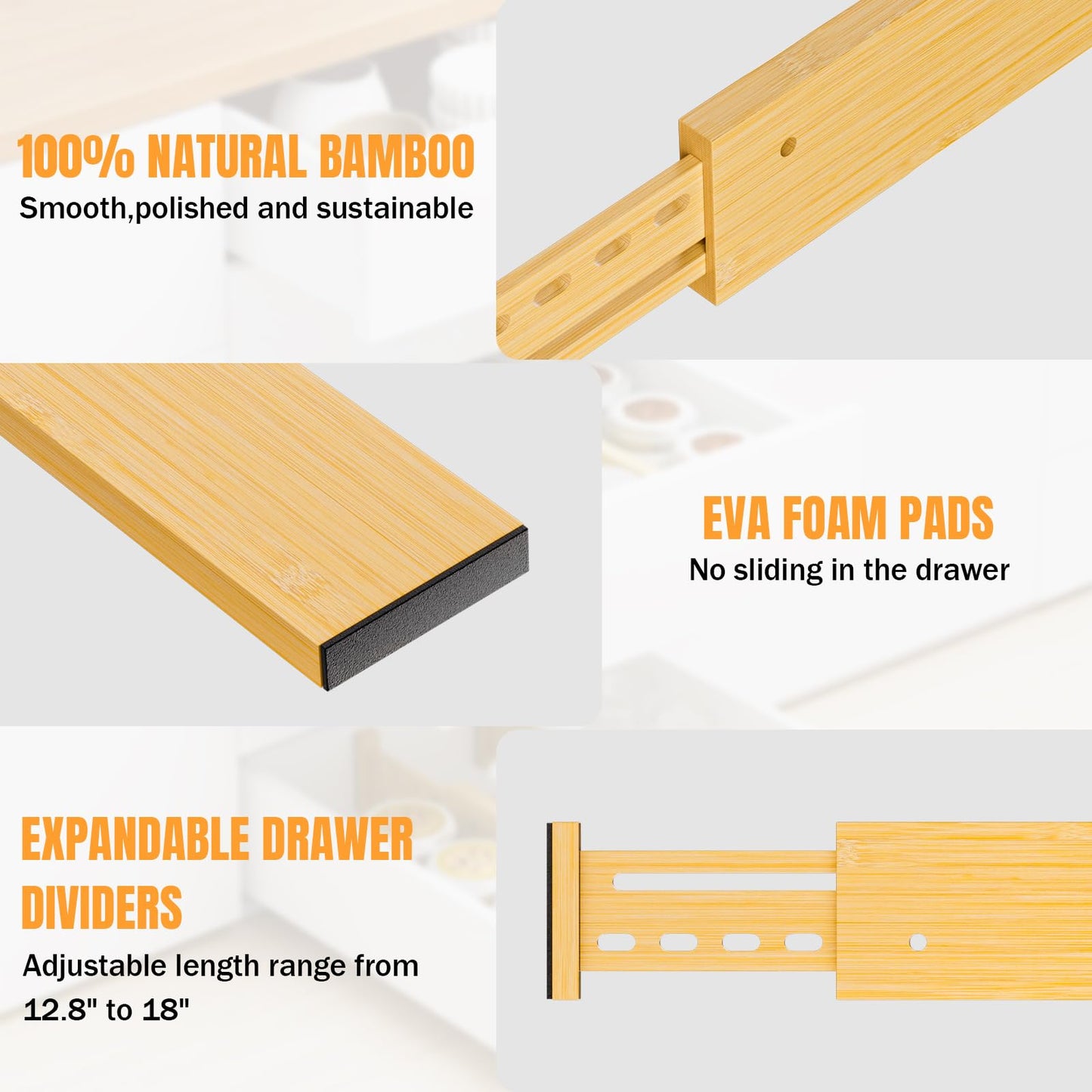 Ryqtop Bamboo Drawer Dividers 4" High, 12.8-18" Adjustable Drawer Organizers for Clothes,Expandable Dresser Separators in Bedroom/Kitchen/Bathroom/Office Organization and Storage,4 Pack