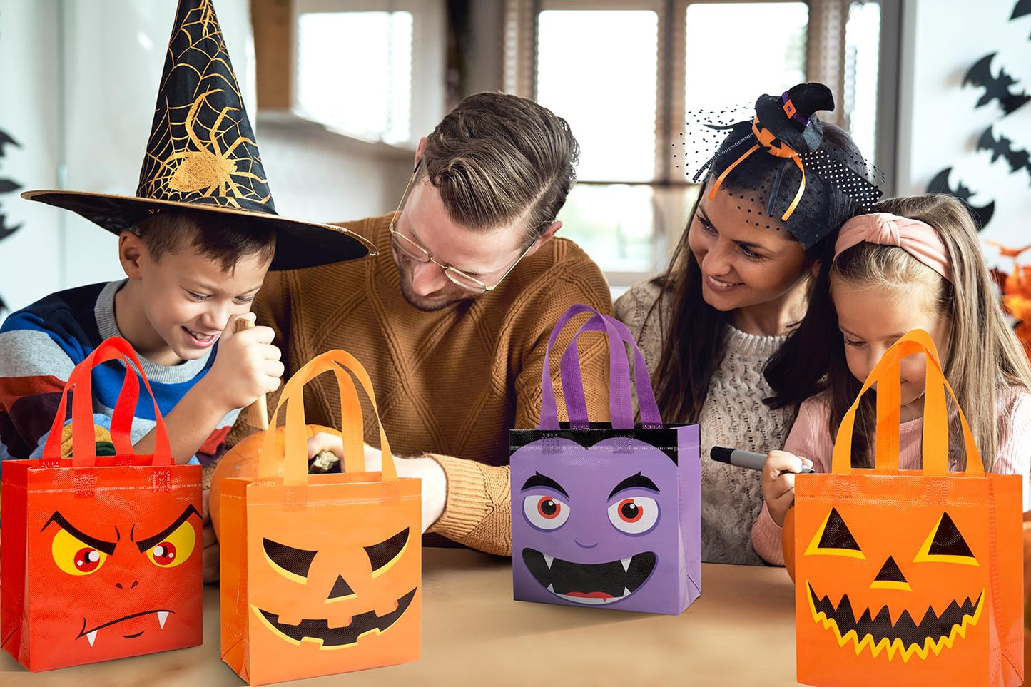 Jaywayang 16Pcs Halloween Trick or Treat Tote Bags with Handles , Reusable Non-Woven Ghost Face Gift Bags for Adults Kids Gifts Wrapping, Party Supplies.