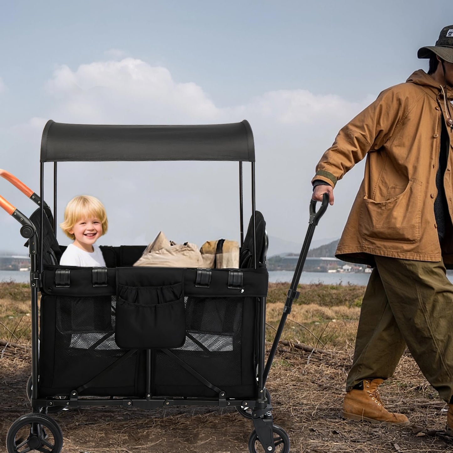 Wagon Stroller for 2 Kids, Foldable All-Terrain Wagon for Kids with Canopy, Adjustable Push and Pull Handles,Convertible High Seat & Organizer, 5 Point Harness (Black)