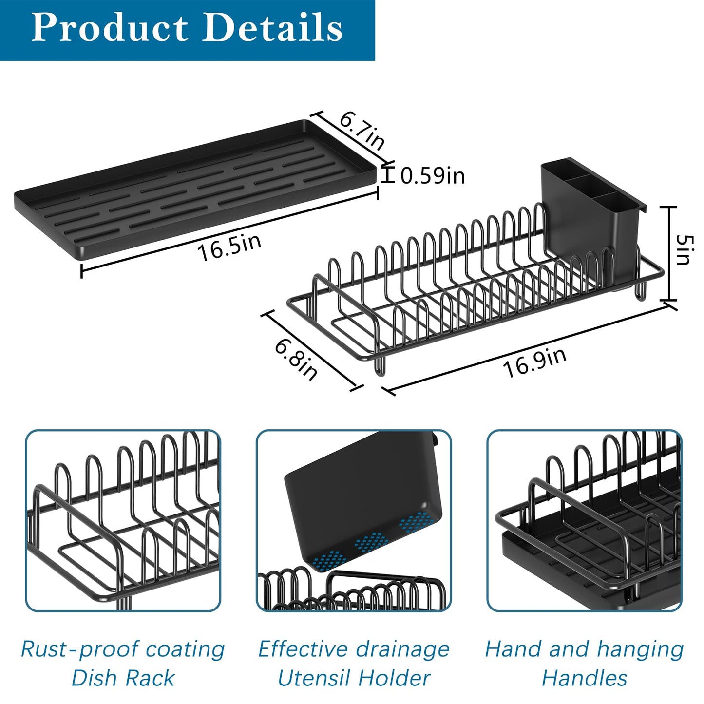 XYZLVSI Compact Small Dish Rack Sink Drying Rack with Silicone Mat, Stainless Steel Dish Drainer for Kitchen Cabinet, Kitchen Sink Rack,Dish Holder, Black
