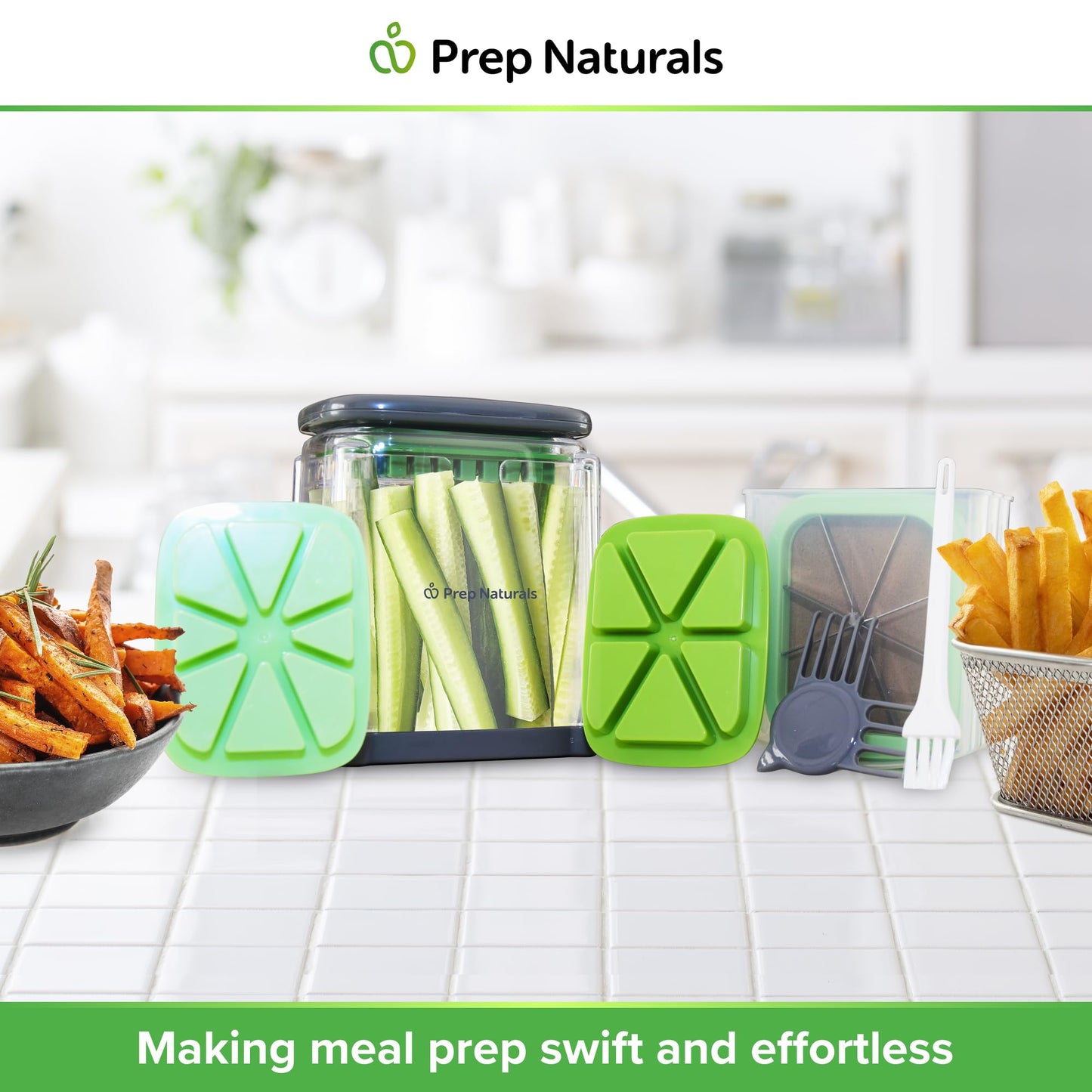 Prep Naturals 3-in-1 Manual French Fry Cutter - Interchangeable Blades for Potato Cutter & Fry Slicer - Functions as Potato Dicer & Food Dicer - Includes Safety Glove - Medium, Gray