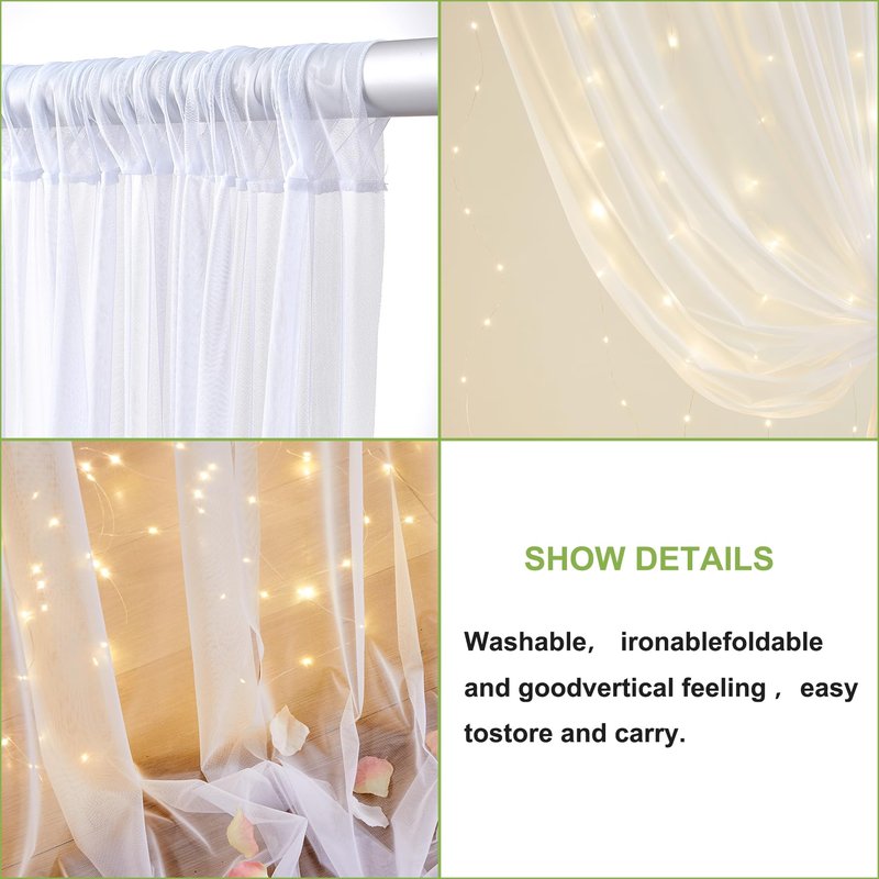 10FT x 7FT White Sheer Curtains with Lights String Tulle Curtain for Living Room Bedroom Parites Wedding Birthday Decorations 2 Panels 60" Wx84 L