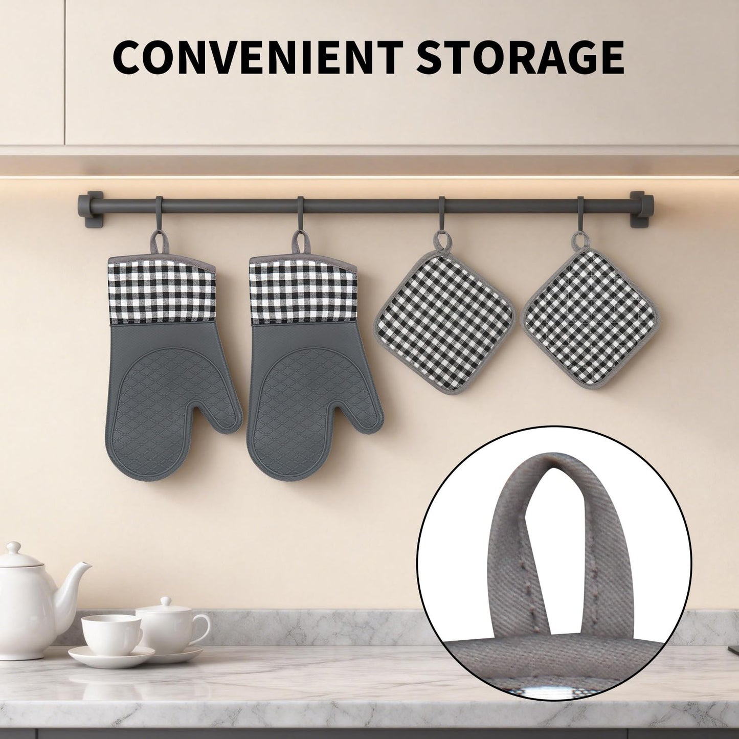 Tifanso Plaid Oven Mitts and Pot Holders 4-Piece Set, Oven Mitts Gloves Heat Resistant with Non-Slip Silicone Surface for Cooking Baking Grilling, Cotton Pot Holders Pads for Kitchen Cooking (Grey)