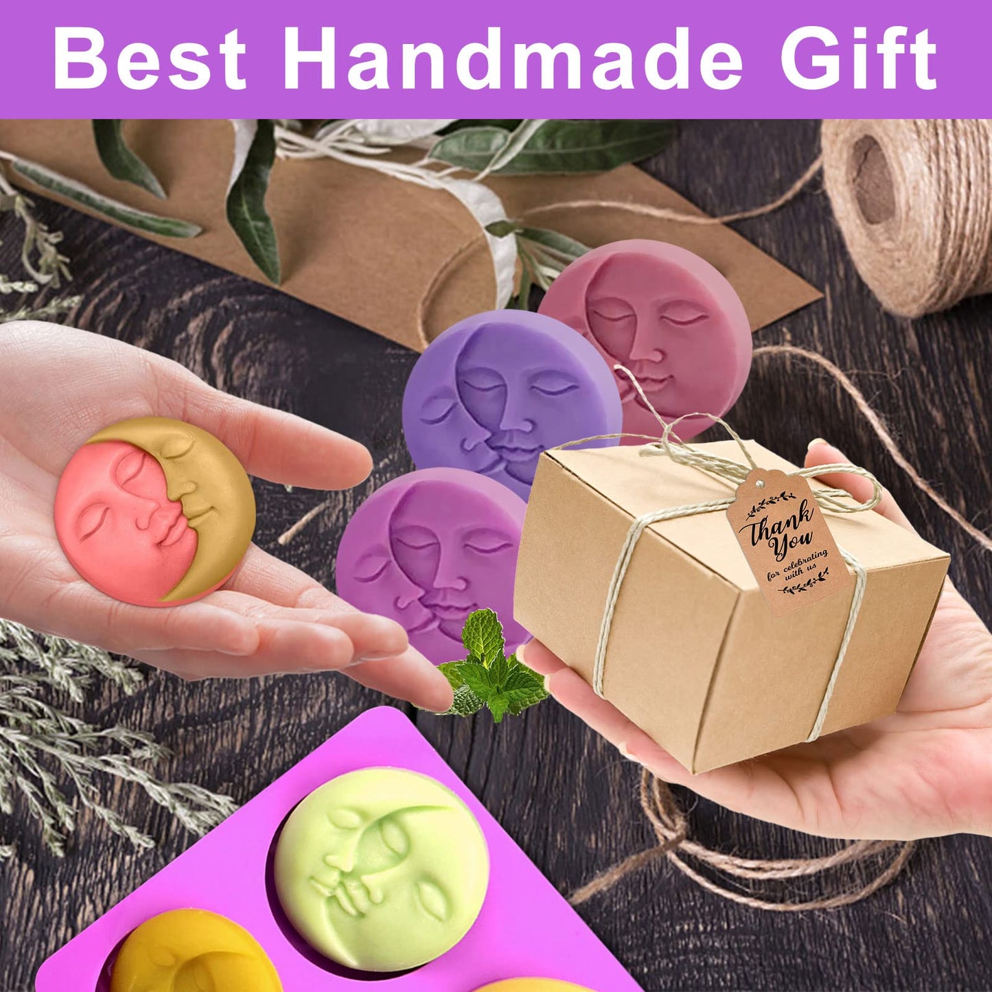 Silicone Soap Molds, different Cavities Soap Mold with Different Shapes, Perfect for Soap Making, Handmade Cake Chocolate Desserts Biscuit Pudding Teacake Jelly (2 Pack - Moon Face)