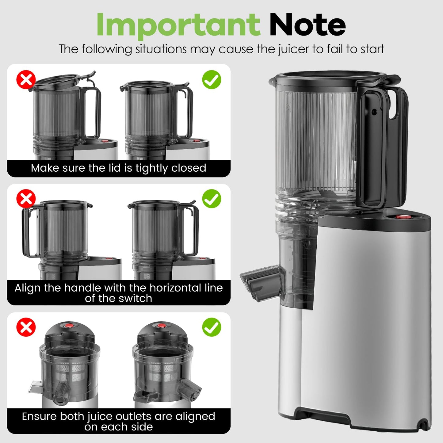 EanOruus Cold Press Juicer, 5.8" Wide Feed Chute Juice Extractor Machine with 400W, High Juice Yield, Slow Masticating Juicer for Whole Vegetables & Fruits, Silver