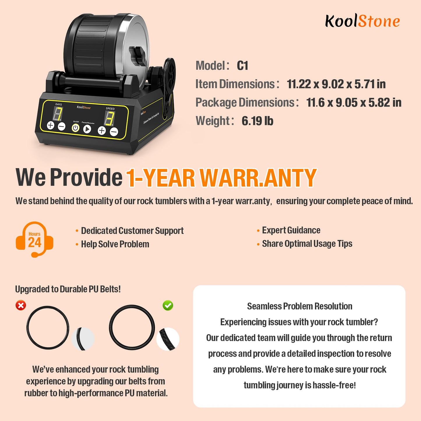 KoolStone C1 Rock Tumbler Kit - Large 2.5LB Rotary Rock Tumbler for Adults & Hobbyists, Quiet Rubber Barrel, Adjustable Timer & Speed, Complete Gem Polishing Kit with Memory Function