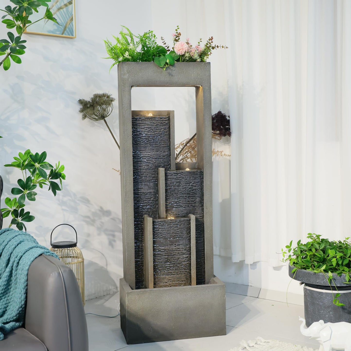 Takamota Indoor Waterfall Fountain, 52" Modern Tiered Indoor Water Feature with LED Lights, Resin Freestanding Garden Water Fountain for Patio, Room Decor Backyard Waterfall Feature, Gray Stone Look