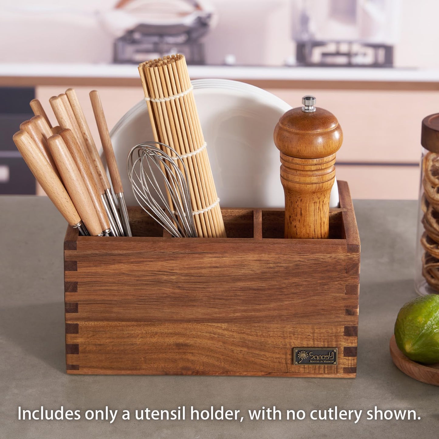 SANOSY Acacia Wood Utensil Holder, Paper Plate Dispenser Organizer for Countertop - 4 Compartment Silverware Caddy for Friendsgiving Party - Cutlery Holder for Cup, Fork, Spoon, Kitchen, Camping