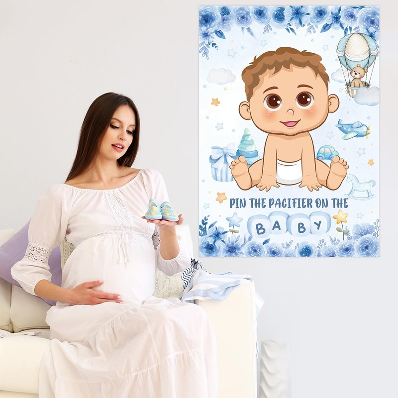 Pin The Pacifier On The Baby Game, Blue Baby Shower Decoration Pin Pacifier on Baby Poster Game with Poster 48 Pacifier Stickers Blindfold Game for Blue Bear Baby Shower Birthday Party Decorations