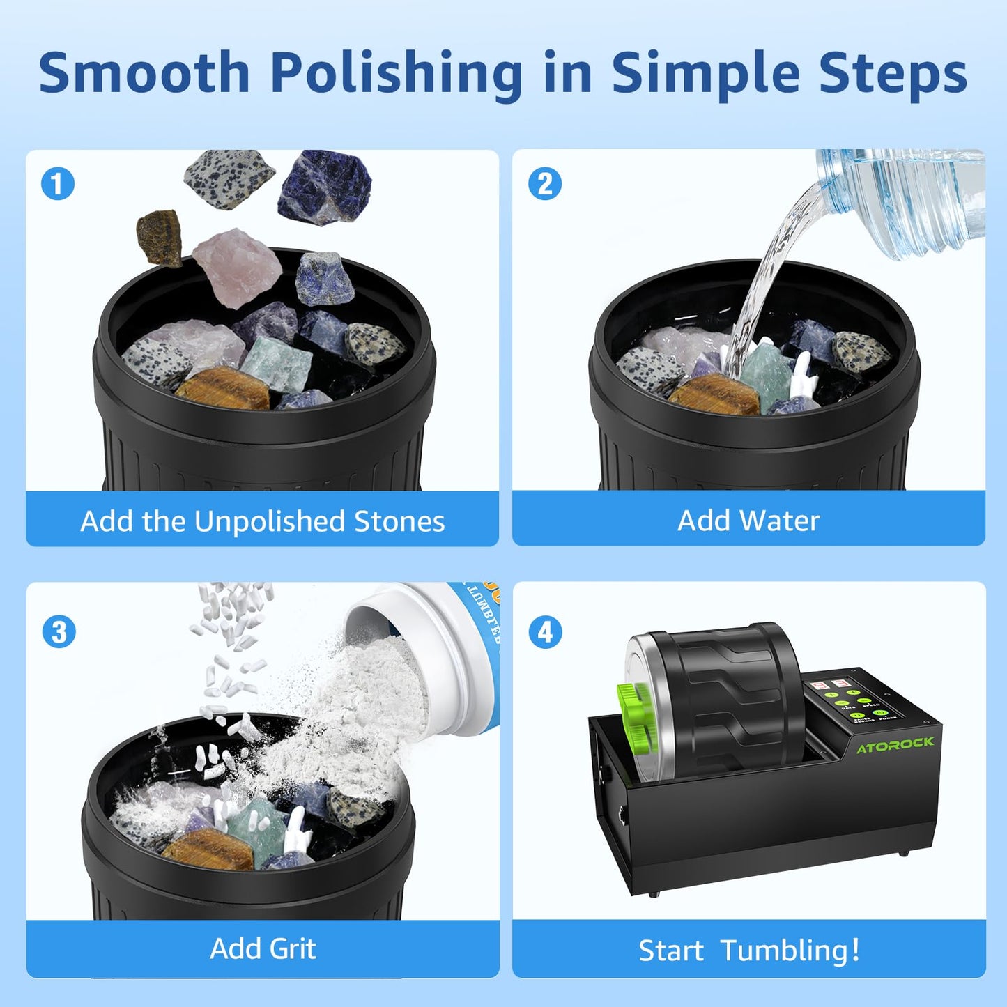 Rock Tumbler Grit Kit, 4LBS Polish Refill with Ceramic Tumbling Media - Polish up to 25 lbs of Rocks, Professional 4-Steps Polishing Grit Set for All Rock Tumblers