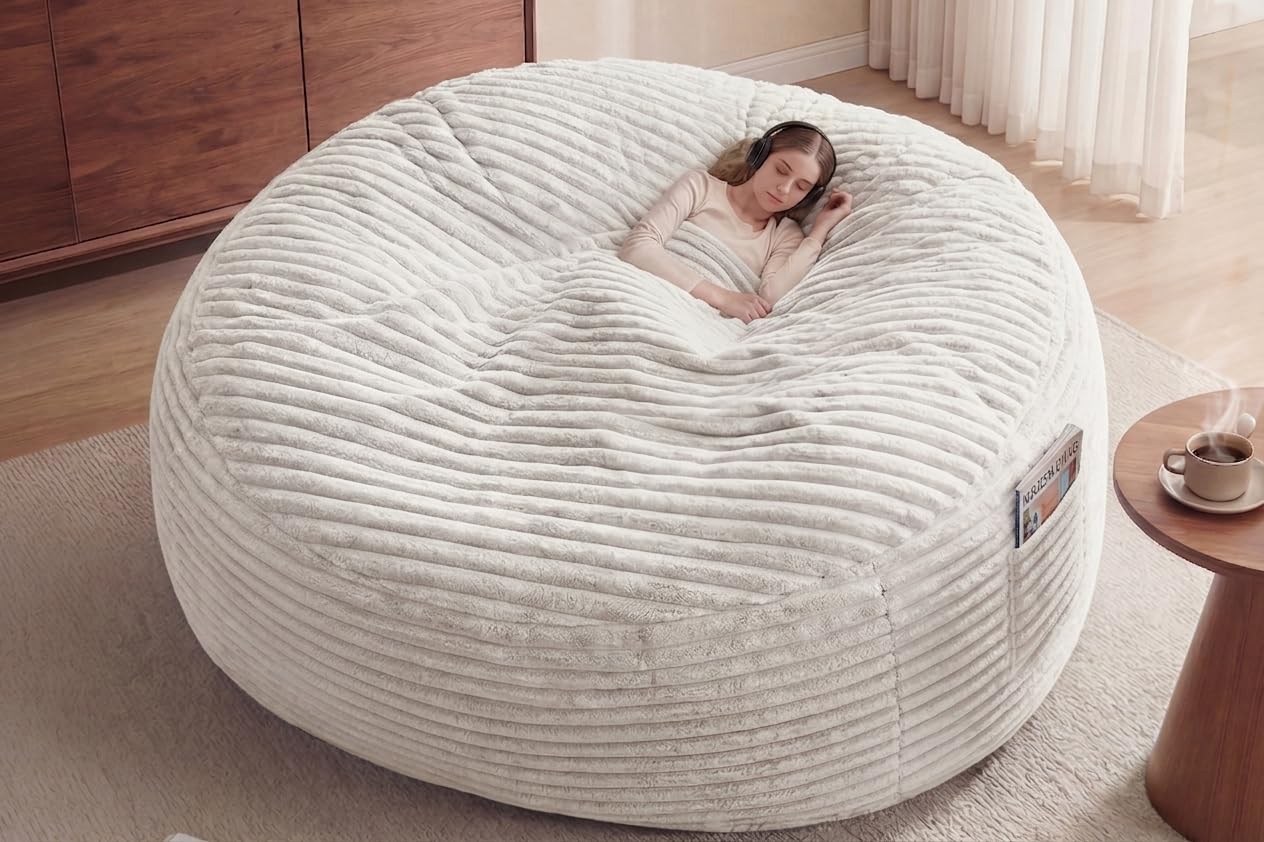 Claiks 8 Ft Giant Foam Bean Bag Chair, Oversized Couch with Removable Cover, Soft Plush Bean Bag Chairs for Adults and for Kids Teens Adults in Living Room, Beige