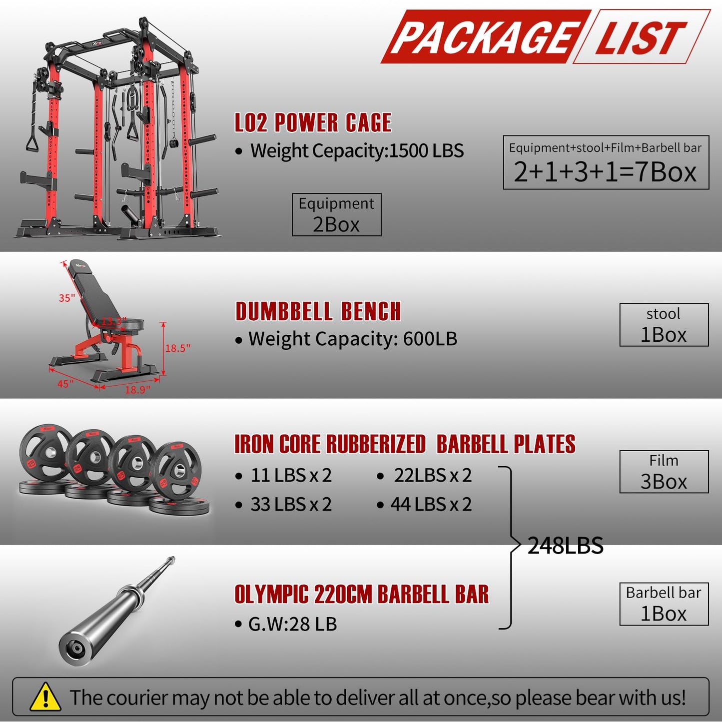 Power Rack Power Cage Multi-Function Squat Rack with Cable Crossover System Selectable More Training Attachment Power Rack for Garage & Home Gym (Red, D Set L02+Weight Bench+(Pole+Cast Iron) 248LBS)