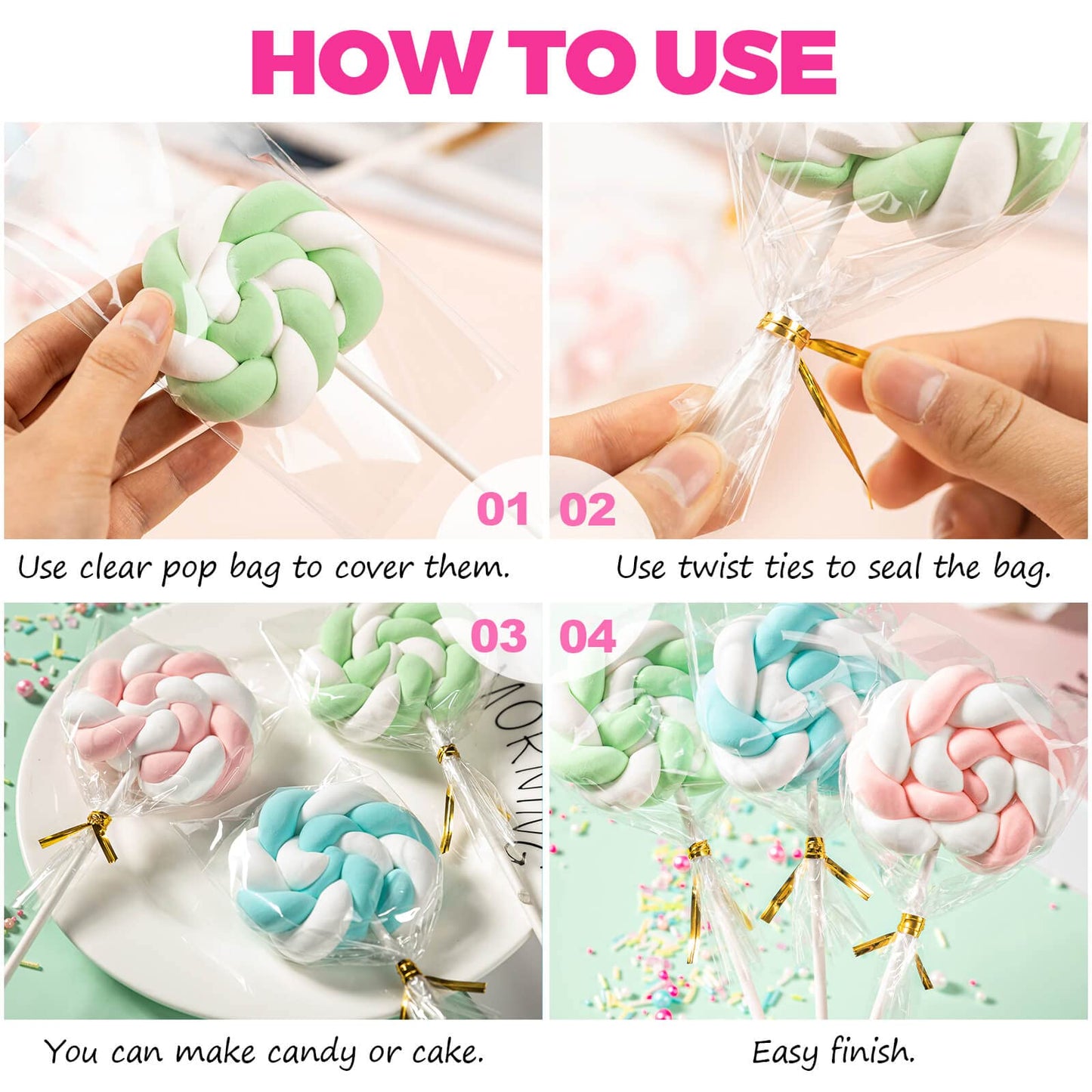 600Pcs Lollipop Stick, 6IN Cake Pop Sticks with Clear Treat Bags & Gold Twist Ties, Cake Pops Making Tools for Lollipops, Candies, Chocolates Cookies