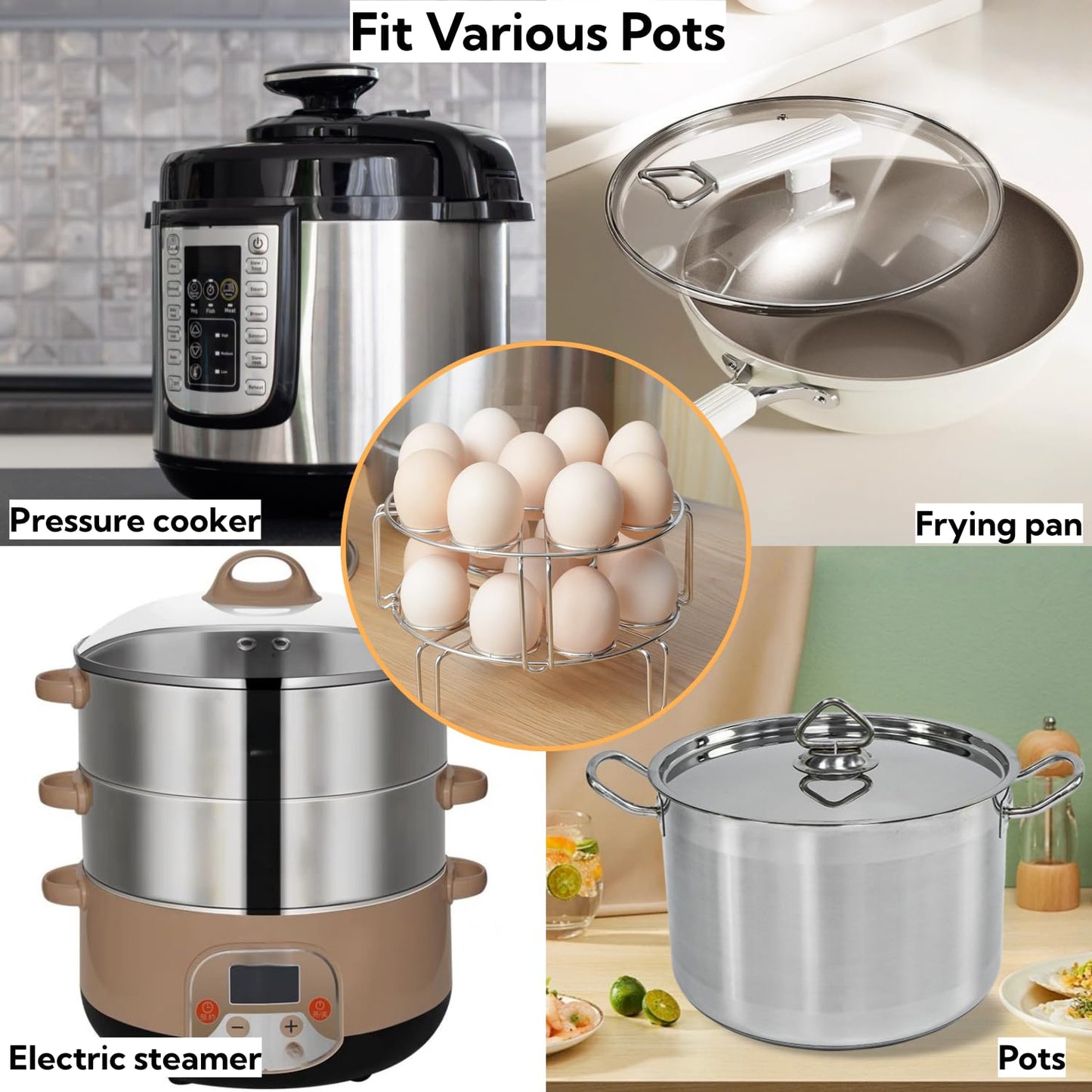 2 Pack Egg Steamer Rack, Instant Pot Egg Rack, Stainless Steel Trivet for 8 Quart Pressure Cooker, Stackable Insert for Instant Pot Accessories for Cooks 18 Eggs, Fits 6qt & 8qt Pressure Cookers