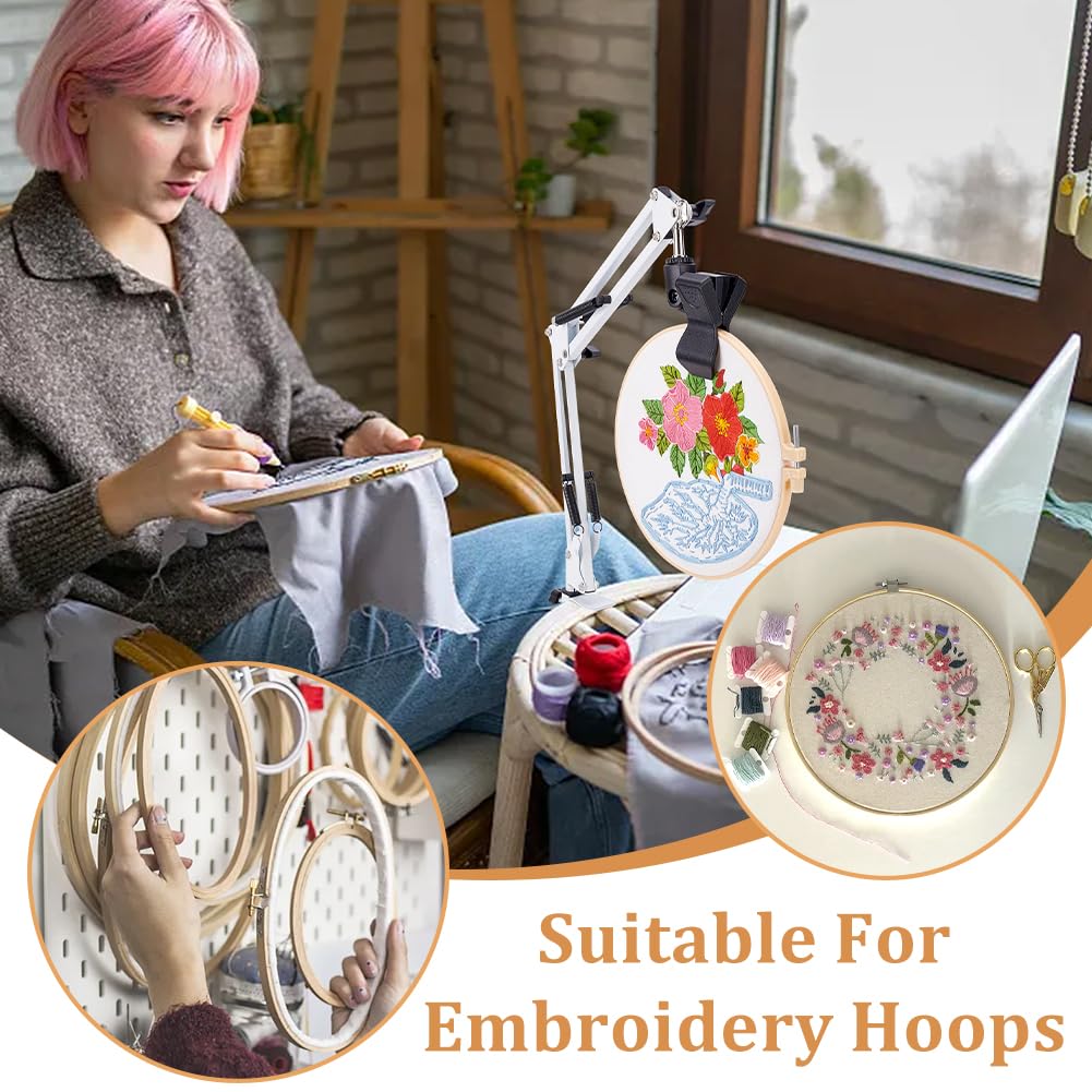 OLYCRAFT White Embroidery Table Stand Kit 8mm Hole Hand Embroidery Stand Lap Folding Cross Stitch Stand Clamp Hand Embroidery Hoop Holder 360 Rotated Embroidery Holder Stand for Embroidery Hoops