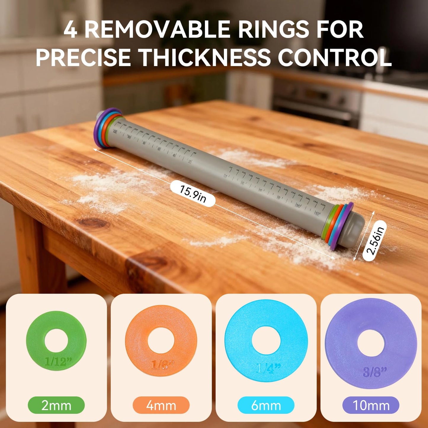 Adjustable Rolling Pin with Thickness Rings, 12.8" Silicone Non Stick Dough Roller for Pizza, Pastry, Fondant, Pie Crust, Baking Tool with Stainless Steel Core, Easy Clean