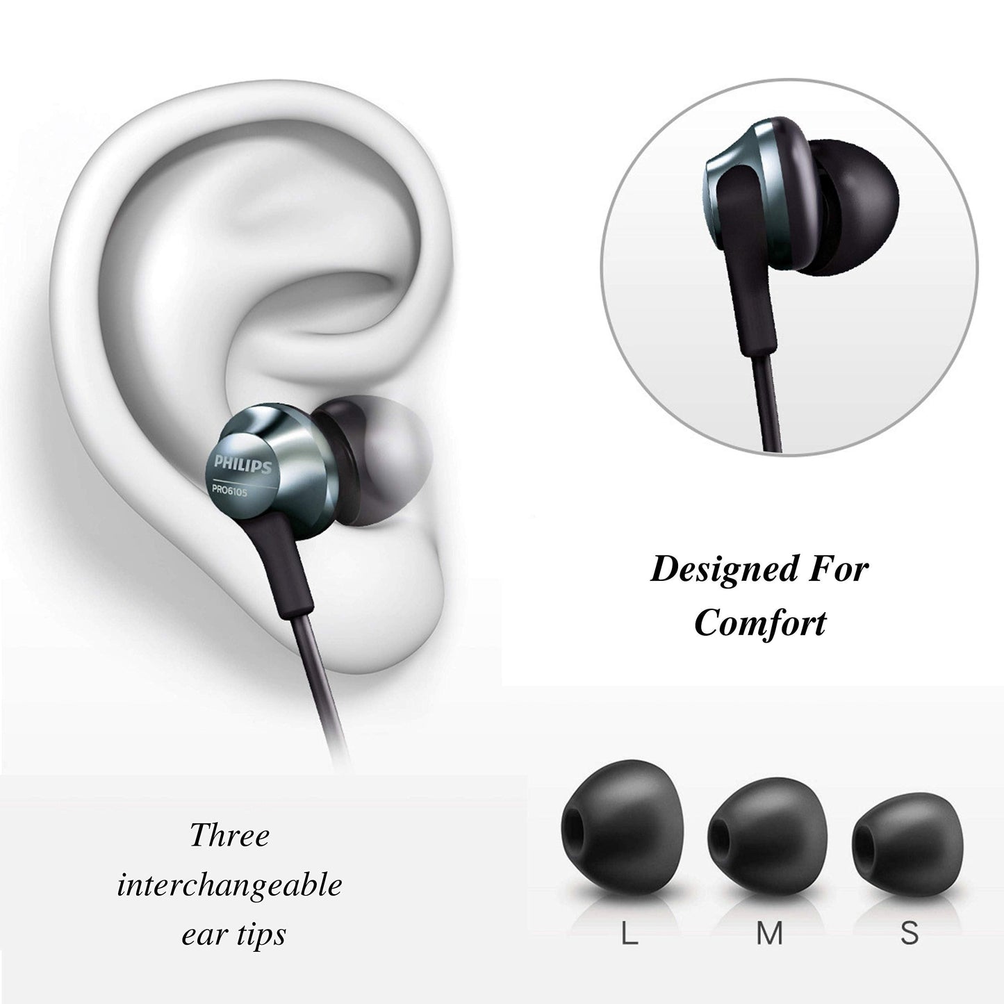 Philips Pro Wired Earbuds with Microphone, Hi-Res Audio in-Ear Headphones with 3.5mm Jack, Comfortable and Durable Build Earphones, Perfect for Music, Calls, and Daily Use, 3 Extra Eartips Included