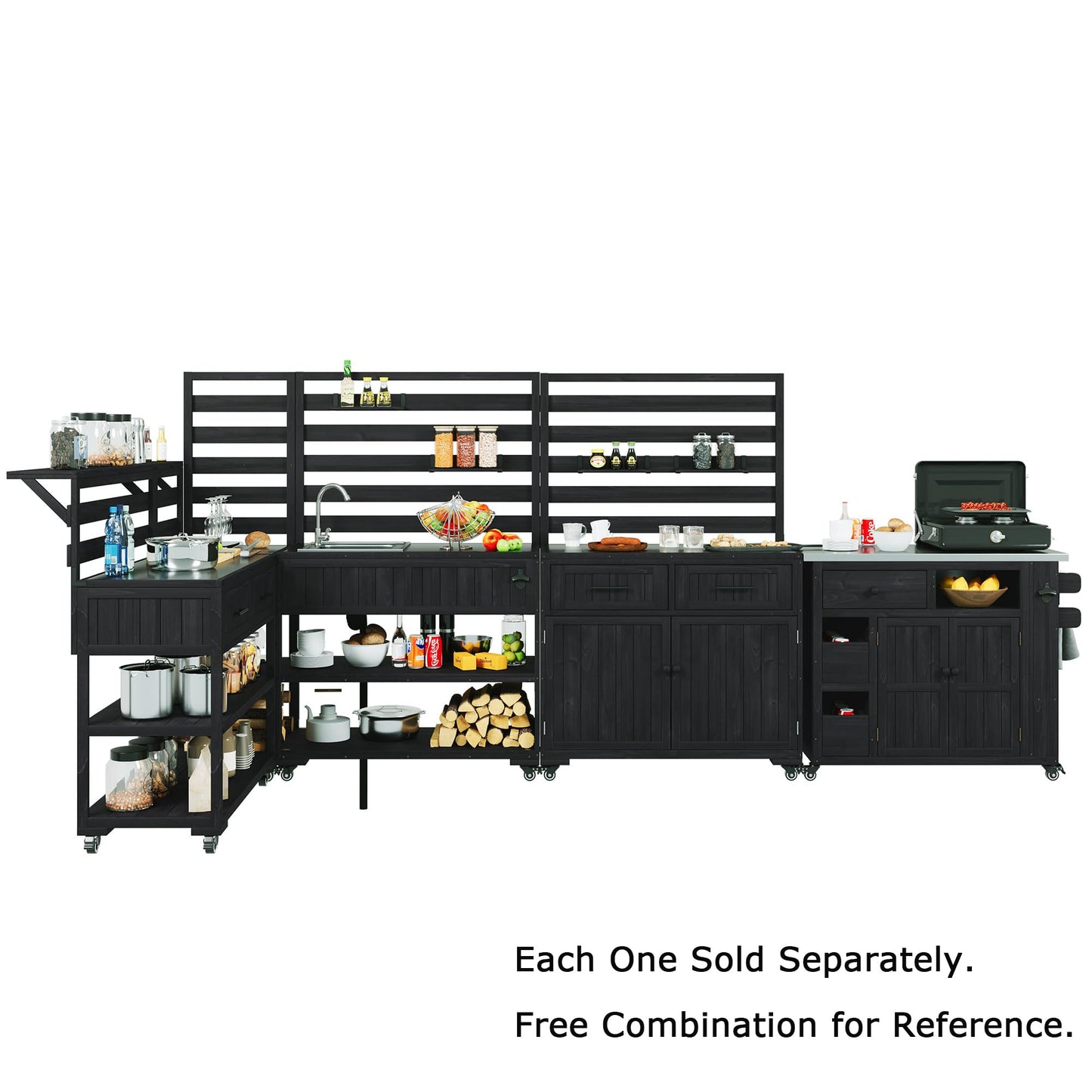 Merax Outdoor Extendable Kitchen Island with Storage, Stainless Steel Top Grill Table with Side Spice Rack, Solid Wood Kitchen Cart with Drawers and Storage Cabinet for Backyard, BBQ, Party