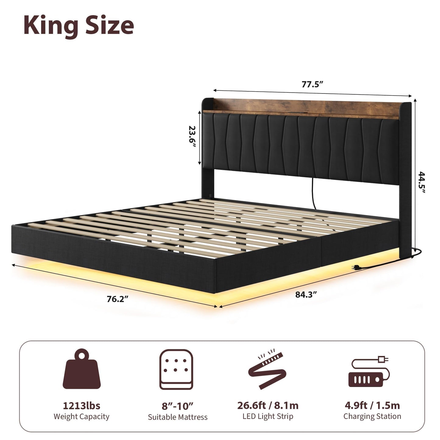 COZONY Modern Floating King Bed Frame with LED Lights, USB Charging Station, Upholstered Storage Headboard, Sturdy Wood Slats, No Box Spring Needed, Easy Assembly, Noise-Free, King-Black
