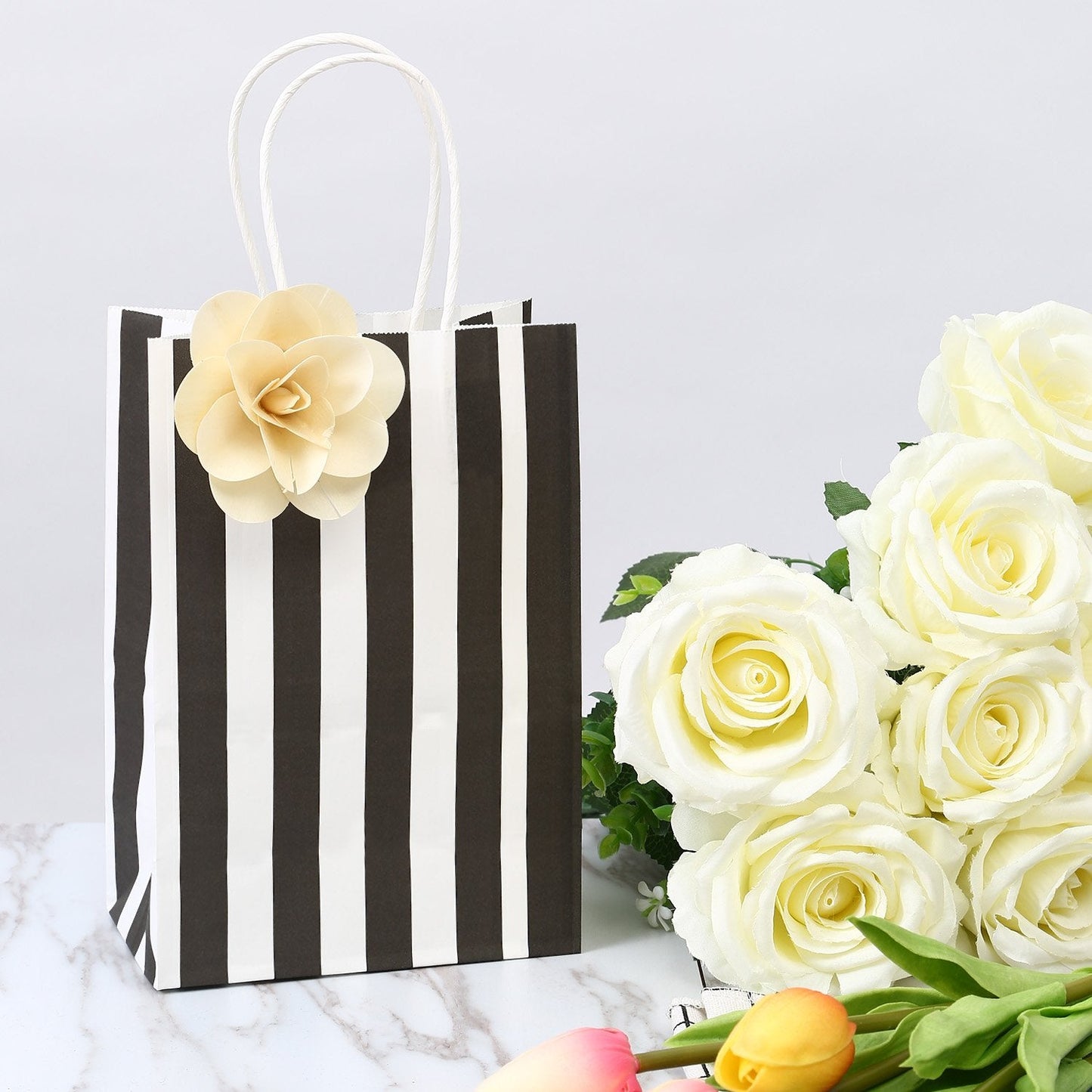 Ronvir 100Pcs Small Gift Bags,Black & White Striped Recycled Paper Bag