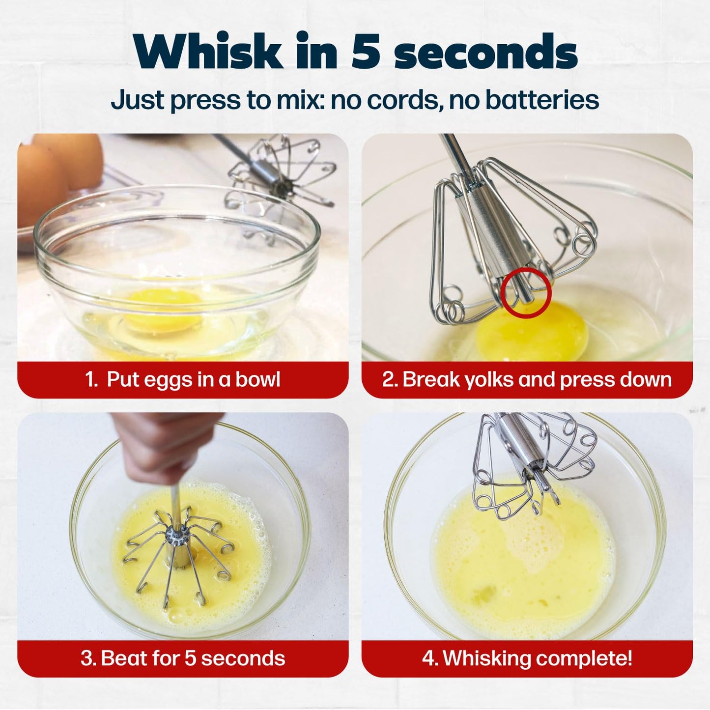 14 Inch Stainless Steel Egg Beater - Durable & Easy to Use Push-Down Zip Whisker - Rotary Hand Mixer for Beating Eggs, Frothing Milk, Blending, Mixing, Whipping Smoothies & Shakes - Hand Whisk