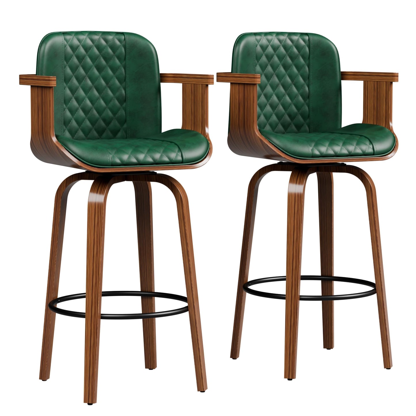 OUTGUAVA Swivel Bar Stools Set of 2, 29" Swivel Counter Height Bar Stools with Arms and High Back, Upholstered Faux Leather Barstools, Modern Bar Chairs for Kitchen Island, Green