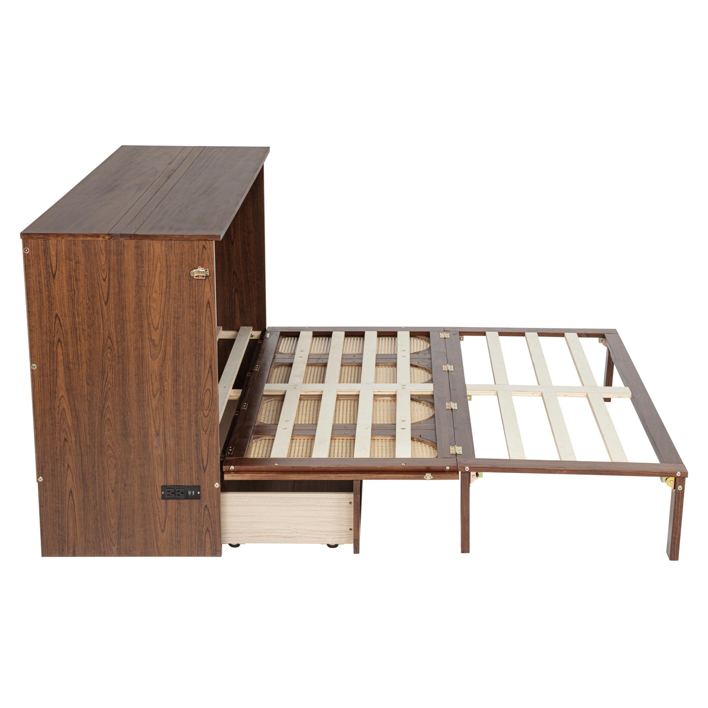 PVWIIK Queen Size Murphy Bed Cabinet with Power Station & Large Drawer for Bedroom,Pine Wood Folding Chest Bed with Rattan Panel, Space-Saving Wall Bed, Walnut