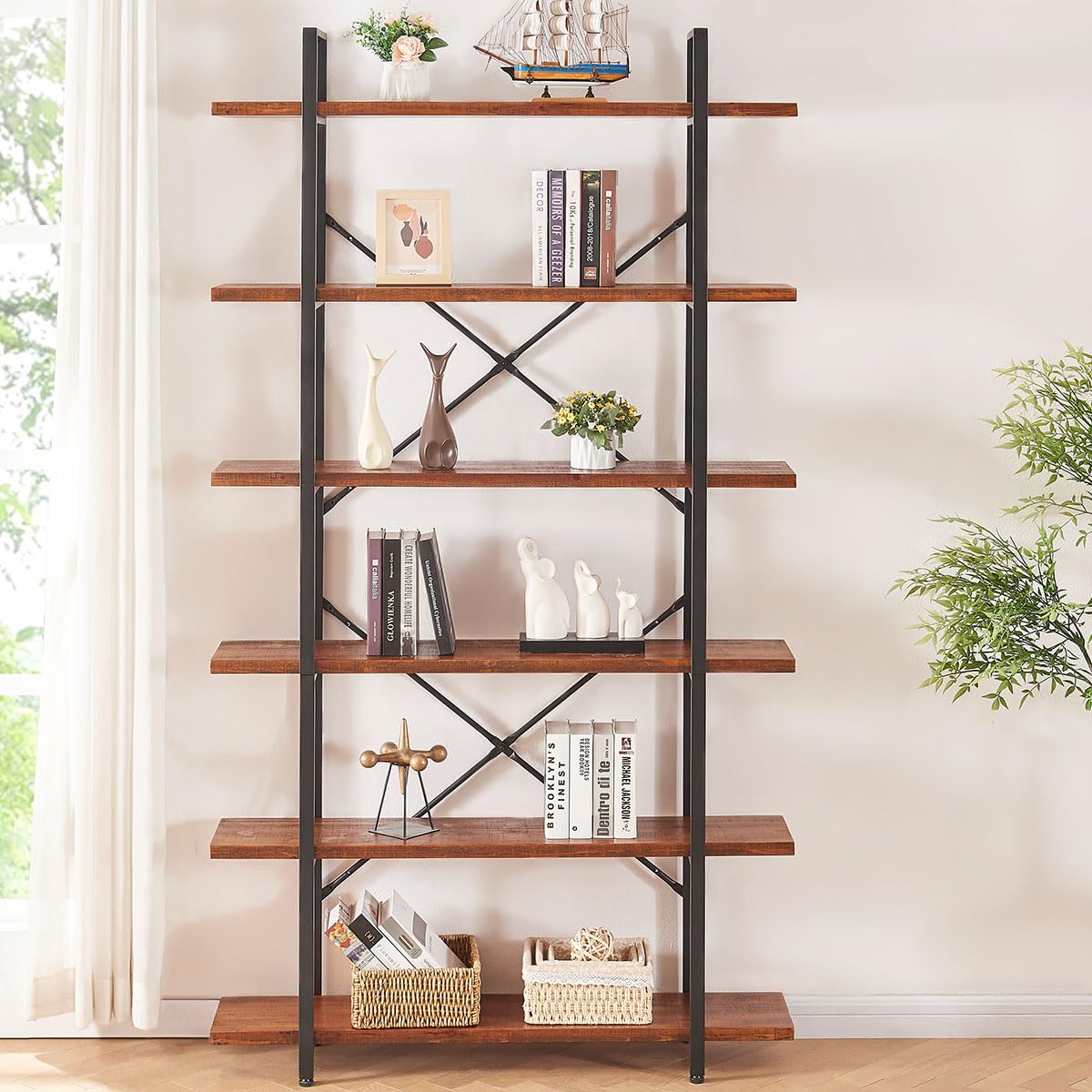 HSH 6 Tier Solid Wood Bookshelf, Industrial Wood and Metal Tall Large Etagere Bookcase and Storage Shelves, Rustic Open Natural Real Wooden Book Shelf for Bedroom Living Room, Distressed Brown