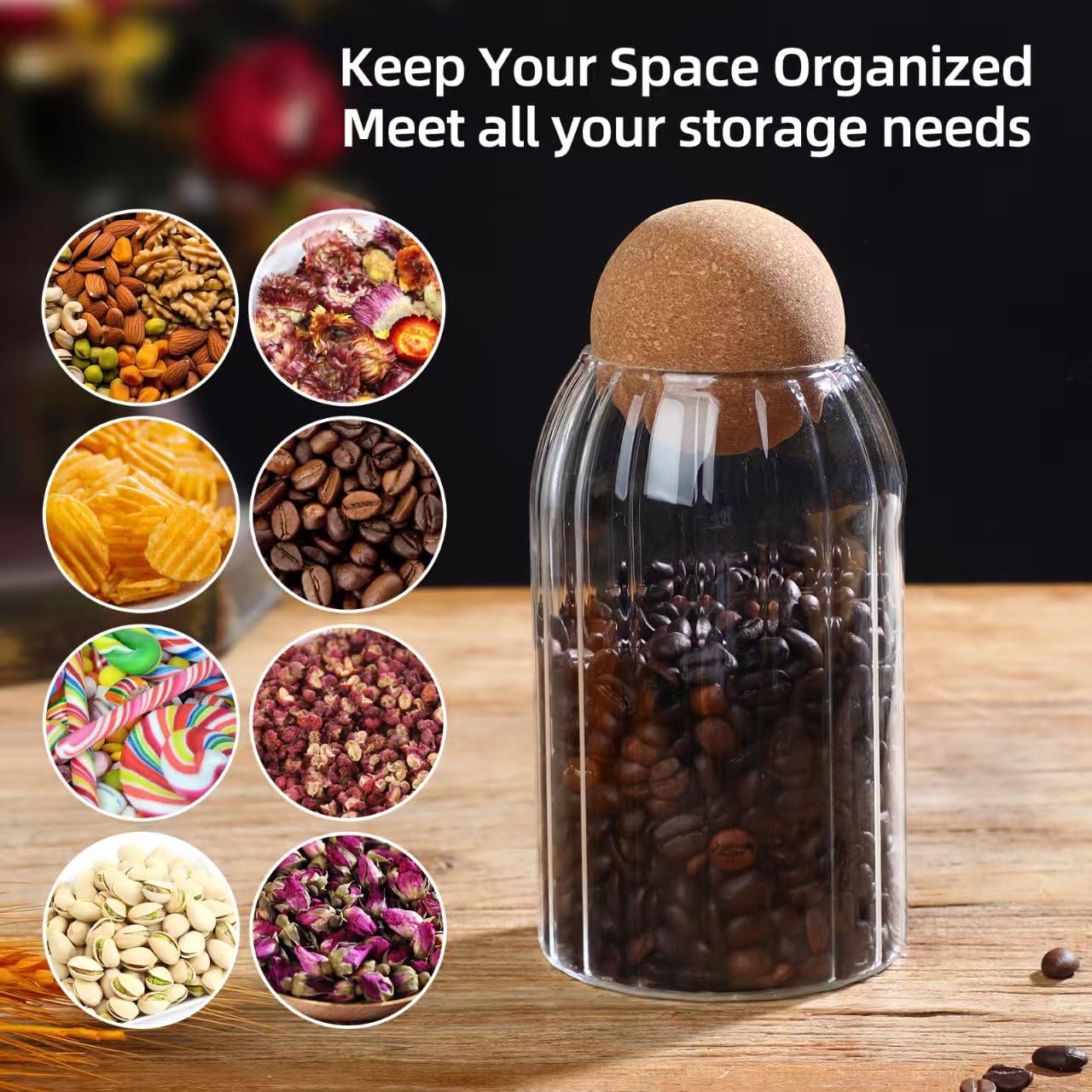 Glass Storage Jar with Ball Cork Lid, Clear Glass Canisters with Cork Ball,3Pcs High Borosilicate Glass Sealed Jar 16oz 26oz 36oz, Used for Storing Candies, Salt, Tea, Seasonings, Cookies, etc