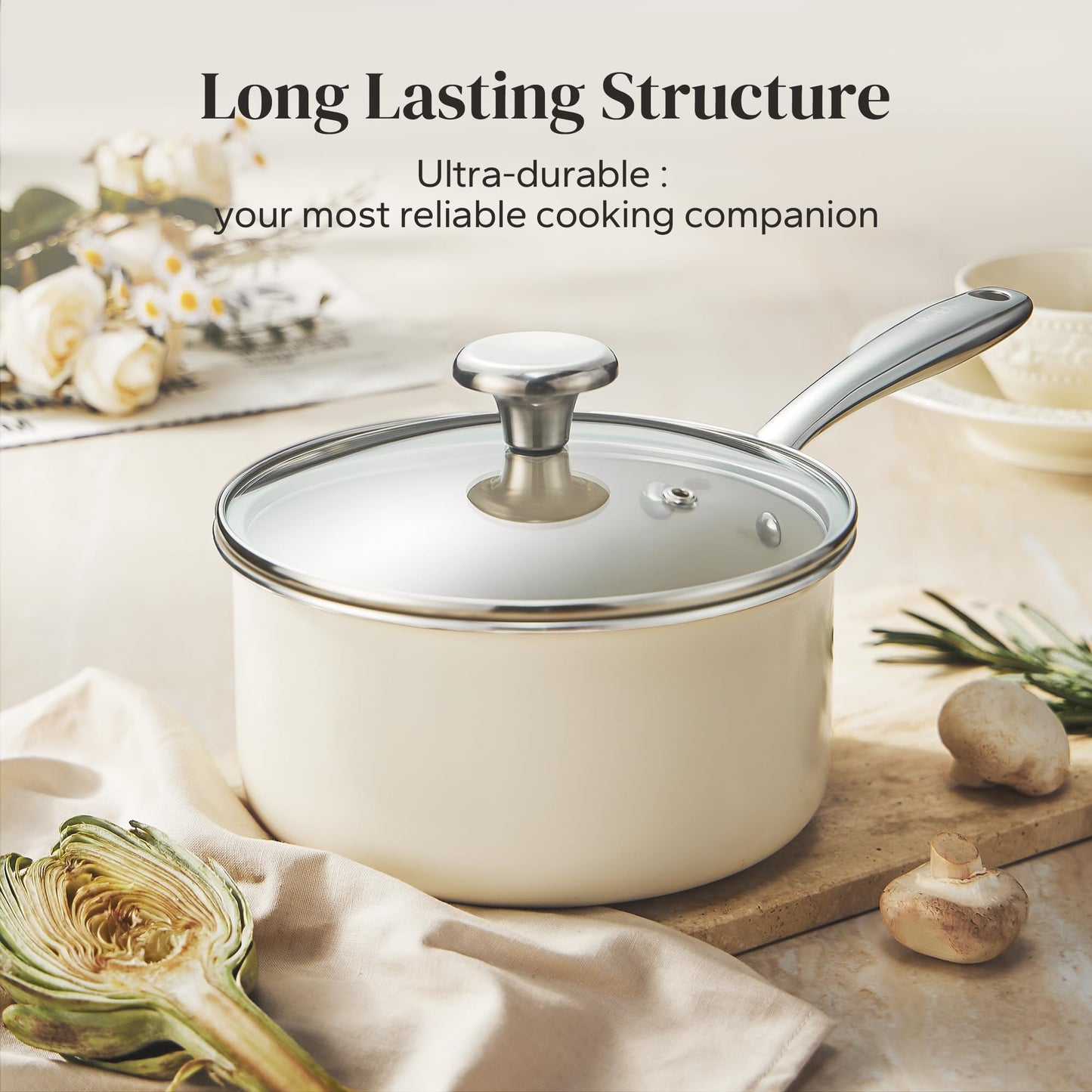 Redchef Sauce Pan & Frying Pan Set, 8" Ceramic Nonstick Fryingpan & 2.5Qt Saucepan with Lid, Mini Cookware Set, Induction Compatible, Nontoxic PTFE PFOA Free, Oven & Dishwasher Safe, Beige