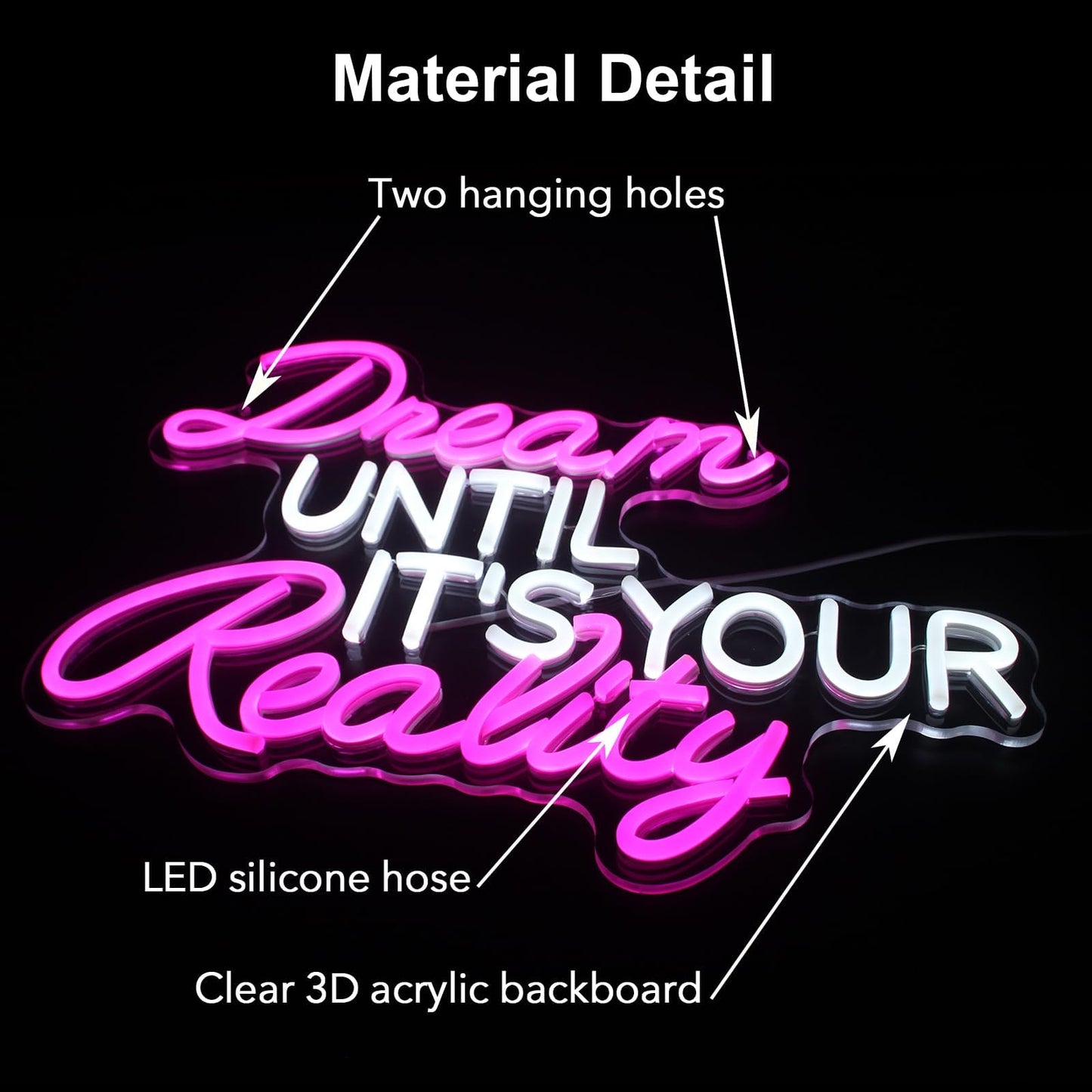 Dream Until Its Your Reality LED Neon Light,Pink Neon Sign,Bedroom, study, classroom and office decoration.16.9x12.6in 5V USB Decor,