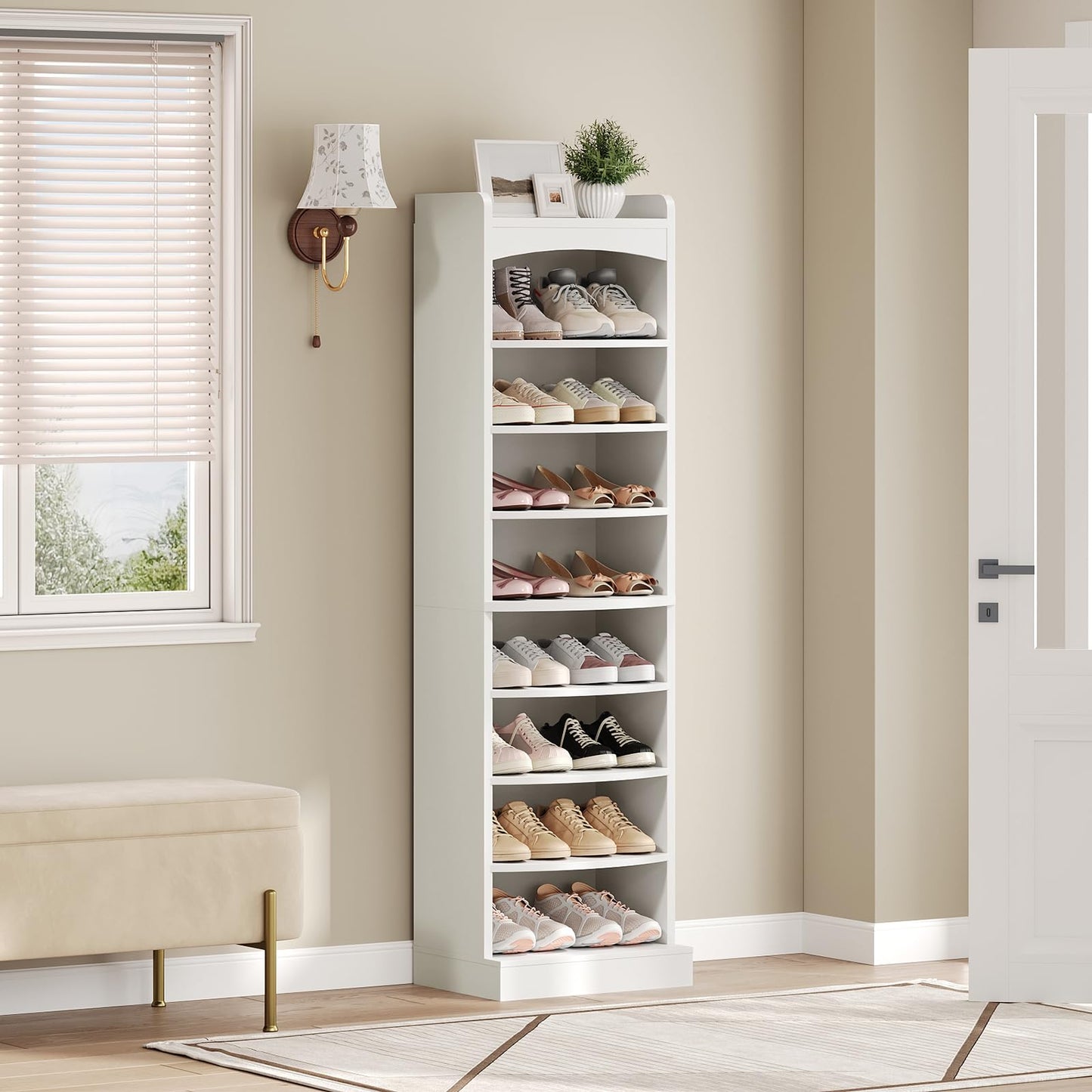 YATINEY 10 Tier Shoe Rack and 9-Tier Tall Shoe Rack, Wooden Shoe Storage Organizer, Narrow Shoe Cabinet with Removable Shelves for Small Spaces SS10WW-SS22WT