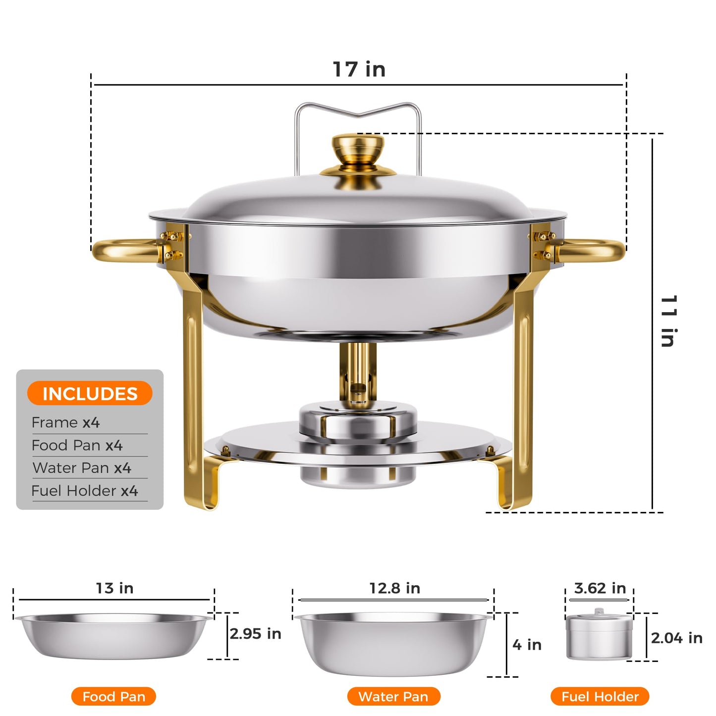 CAMMOO Gold 4 Pack Chafing Dishes for Buffet, 18/8 (304) Stainless Steel Food Pan with Lid, 6QT Round Chafing Dish Buffet Set Food Warmer, Food Warmers for Parties Buffet Catering Events Dinners