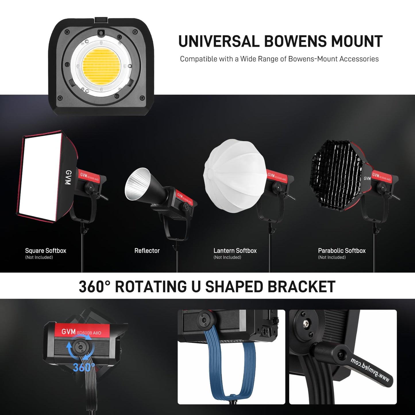 GVM 500W COB LED Video Light, APP Control, Bi-Color Continuous Output Lighting with Bowens Mount, 2700K-6800K, CRI/TLCI97+, 227040lux@1m, 12 Effects & 12 Sources for Studio Photography