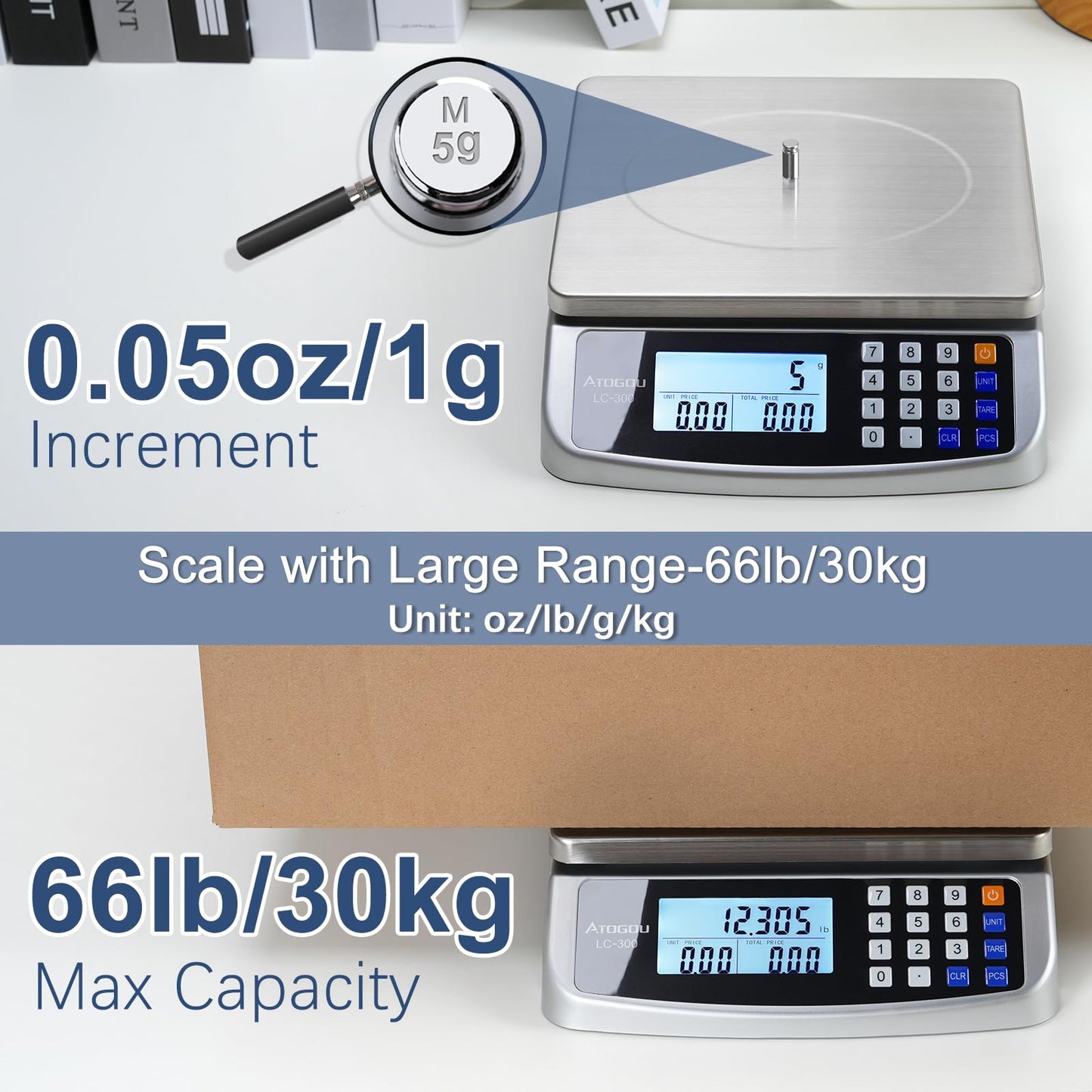 Atogou 110lb Food Scale, Commercial Kitchen Scale with Price Computing, Plug-in Usable, 0.05oz/1g, 304 Stainless Steel, for Cooking, Vegetables, Farm, Industry, Counting. LC300 Silver