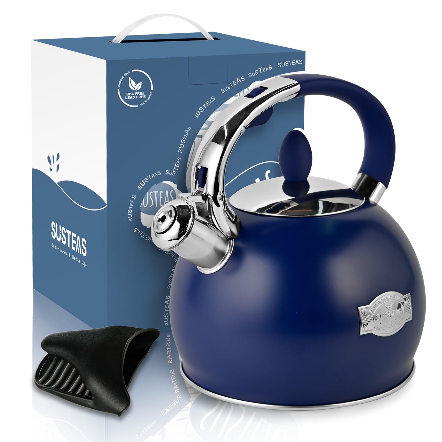 SUSTEAS Stove Top Whistling Tea Kettle - Food Grade Stainless Steel Teakettle Teapot with Cool Touch Ergonomic Handle, With 1 Silicone Pinch Mitt Included, 2.64 Quart,NAVY BLUE
