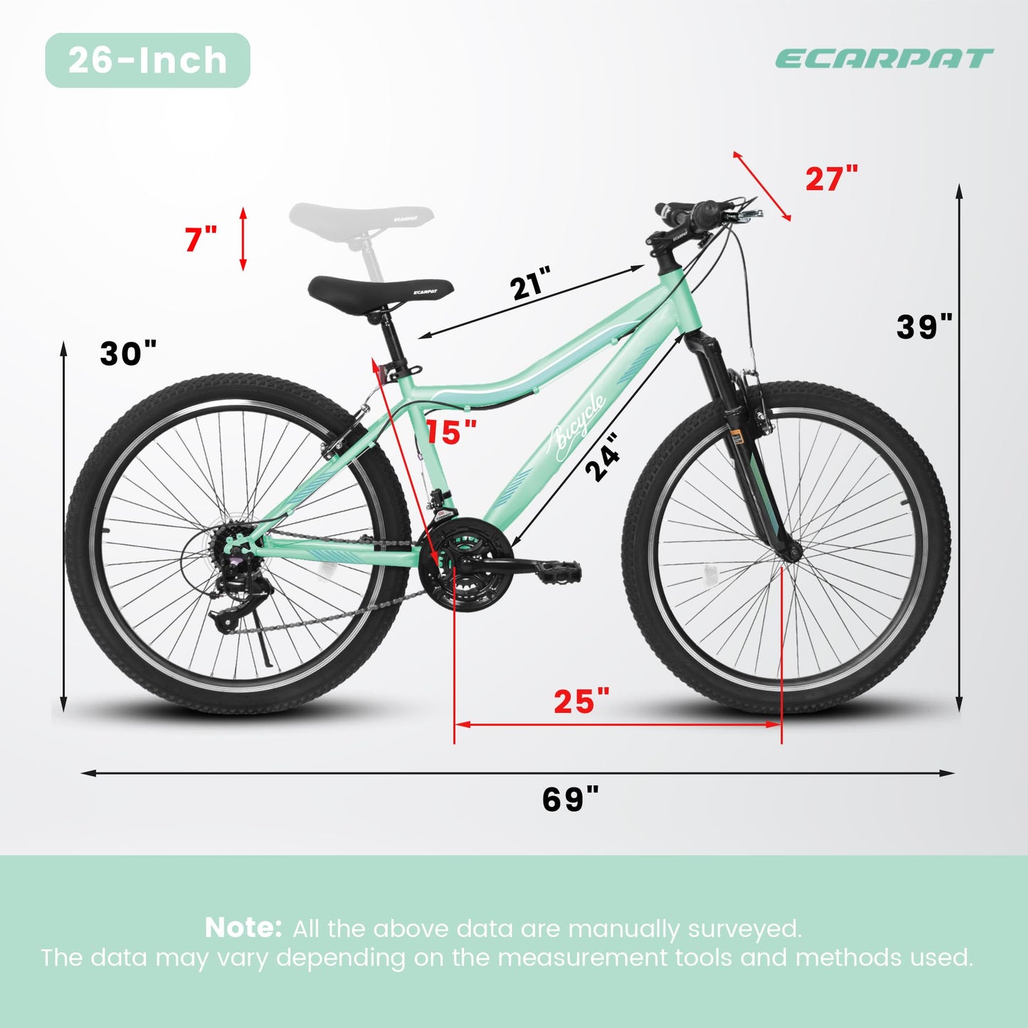 HIWORK Mountain Bike 26 Inch, High Density Carbon Steel Frame Girls Bike with 21-Speed Front Suspension Dual V-Brakes, Bike for Teenagers Girls Womens Bicycle | Light Green