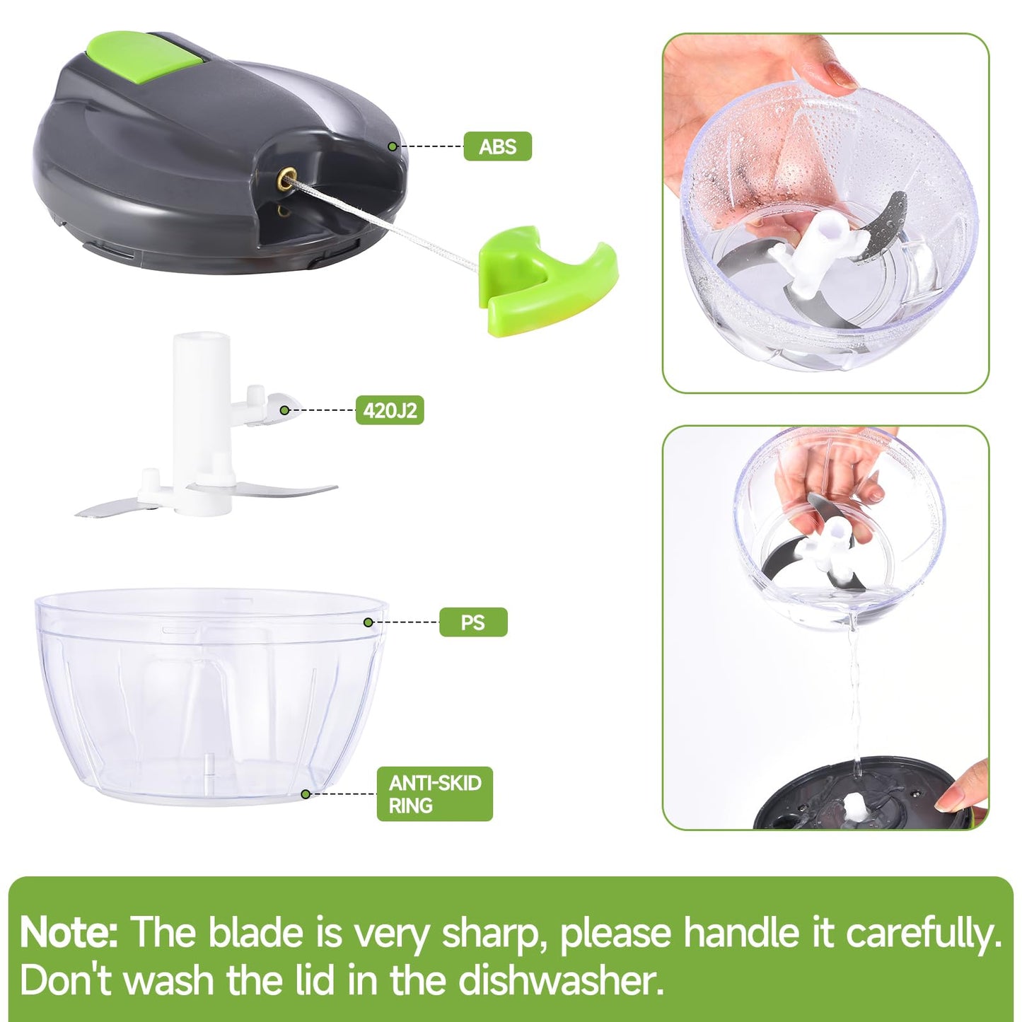 Ziweaye Manual Food Processor Vegetable Chopper, Portable Hand Pull String Garlic Mincer Onion Cutter for Veggies, Ginger, Fruits, Nuts, Herbs, etc., 500ml,(Gray-green)