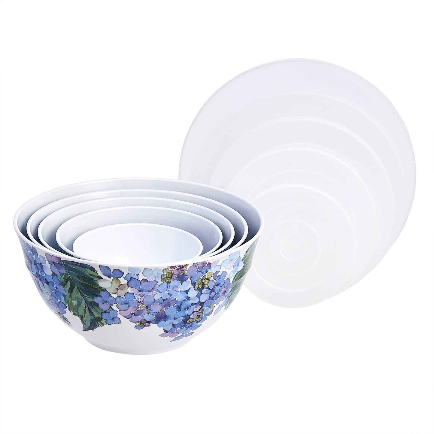 Amazon Basics Nesting Melamine Mixing Bowls with Lids and Non-Slip Base, 5 Sizes, Dishwasher Safe, BPA Free, Space Saving, Hydrangea Floral, Set of 10