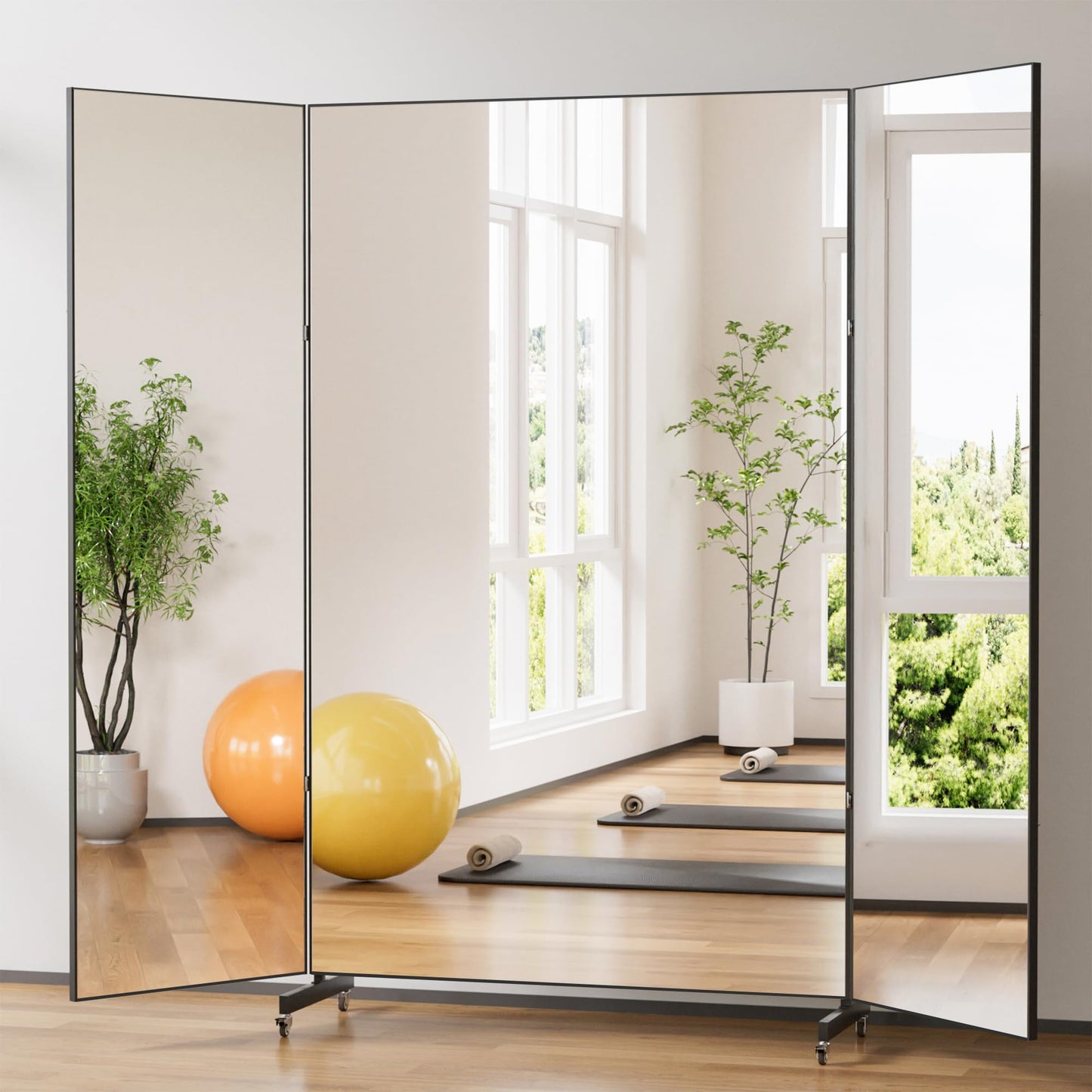 brisafe Full Length Mirror with 360° Wheels, 87"x79" Foldable Floor Mirror with Nano-Tech Shatterproof Film - Ultra-Large Mobile Mirror for Home Gym, Dance Studio & Commercial Spaces (Black)